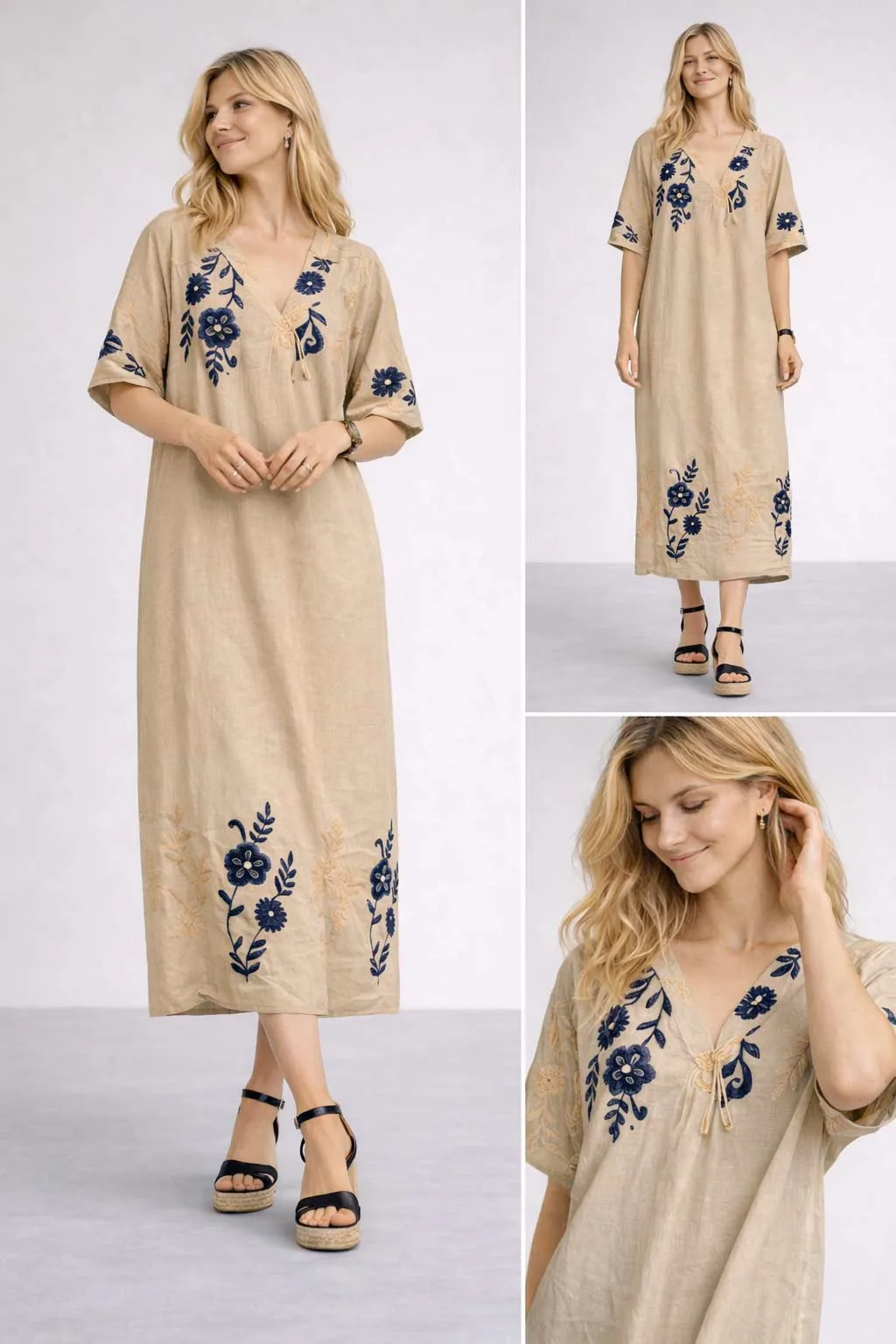 Μπεζ μονοχρωμο βισκοζ - λινο resort wear καφτάνι με κεντημα - Μπέζ καφτάνι παραλίας από βισκόζ για καλοκαιρινές resort εμφανίσεις