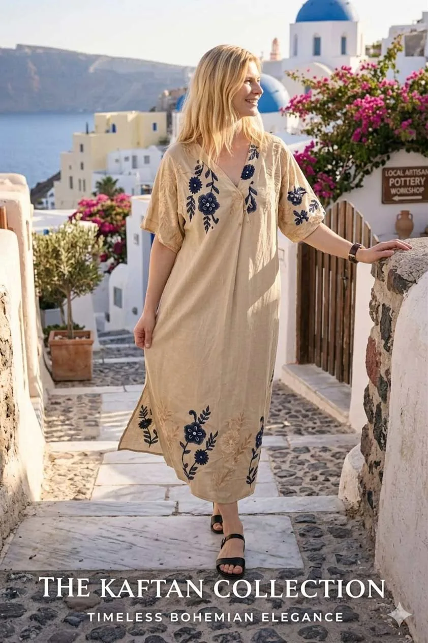 Μπεζ μονοχρωμο βισκοζ - λινο resort wear καφτάνι με κεντημα - Μπέζ καφτάνι παραλίας από βισκόζ για καλοκαιρινές resort εμφανίσεις