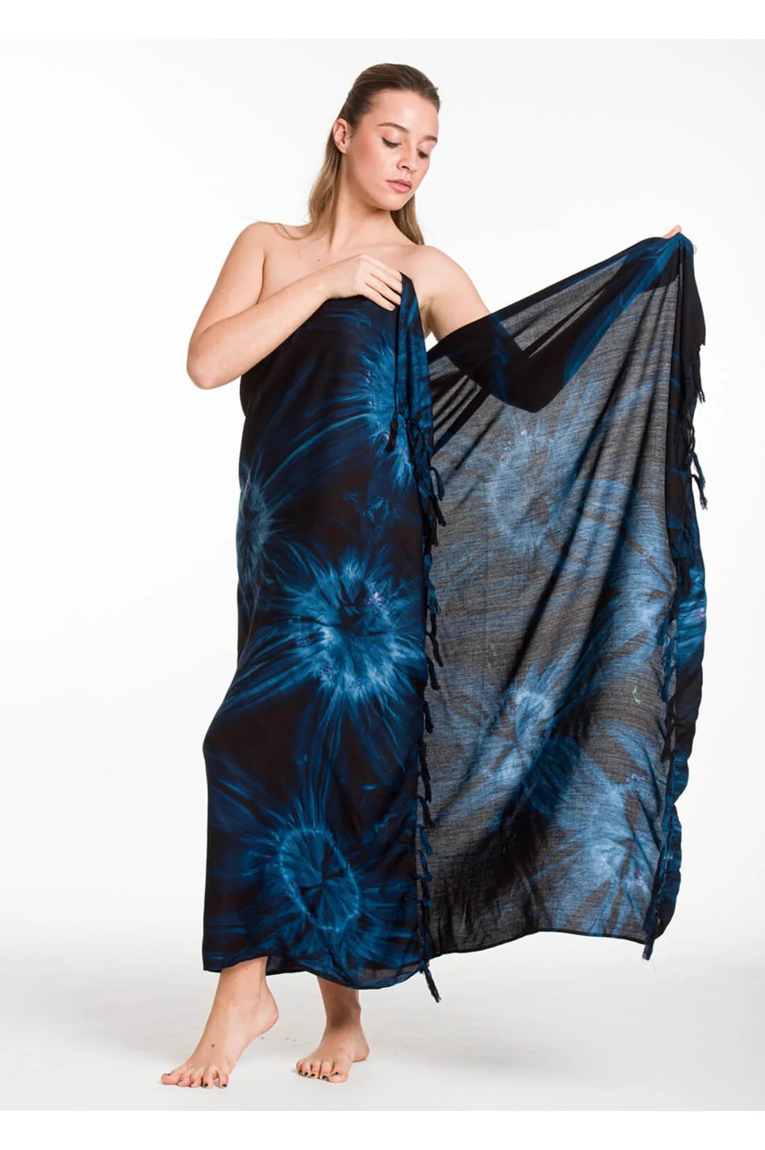 Παρεο βισκοζ tie dye εκρηξη με κροσσια - Μπλέ;Blue Black παρεό παραλίας για καλοκαιρινές resort εμφανίσεις