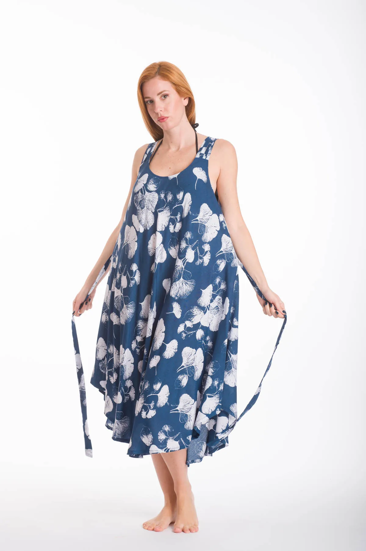 Φορεμα αμανικο oval viscose με δεσιμο στην μεση - Μπλέ φόρεμα παραλίας για καλοκαιρινές resort εμφανίσεις