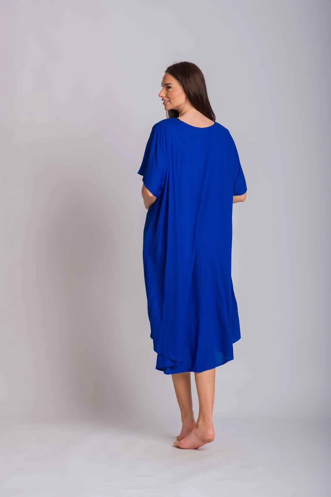 Μπλε φορεμα viscose crincle oval με κοντο μανικι - Μπλέ φόρεμα παραλίας για καλοκαιρινές resort εμφανίσεις