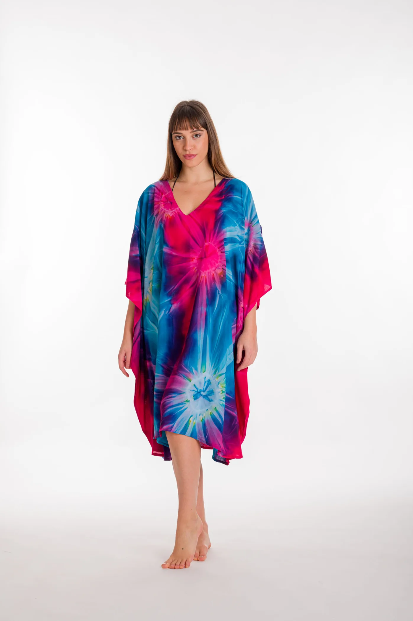 Καφτανι midi βισκοζ tie dye εκρηξη - Μπλέ;Φούξια καφτάνι παραλίας από βισκόζ για καλοκαιρινές resort εμφανίσεις