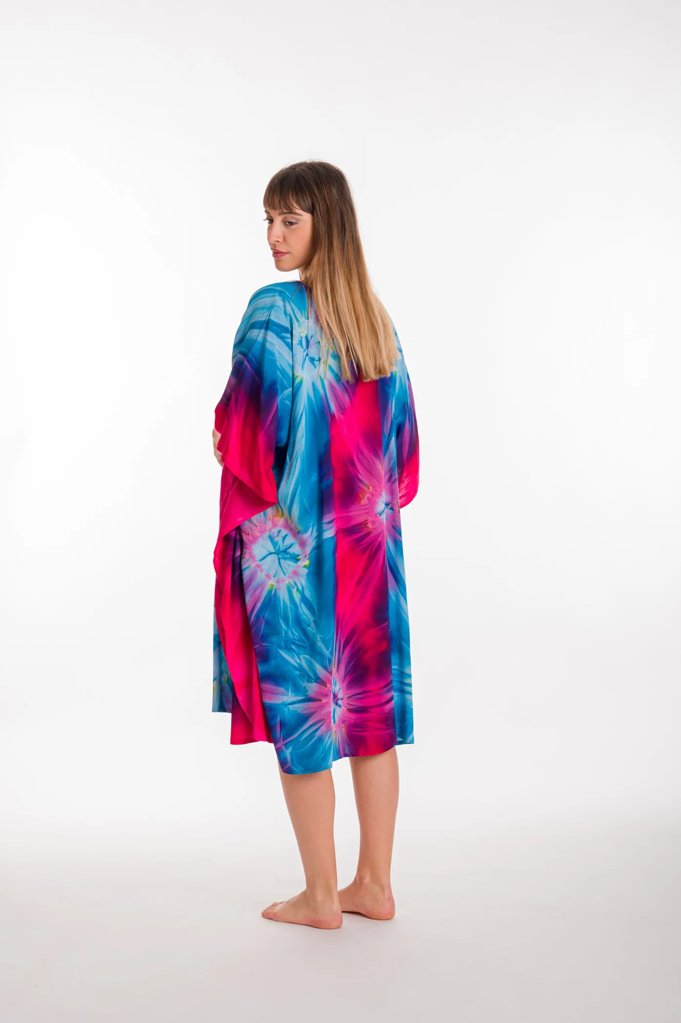 Καφτανι midi βισκοζ tie dye εκρηξη - Μπλέ;Φούξια καφτάνι παραλίας από βισκόζ για καλοκαιρινές resort εμφανίσεις