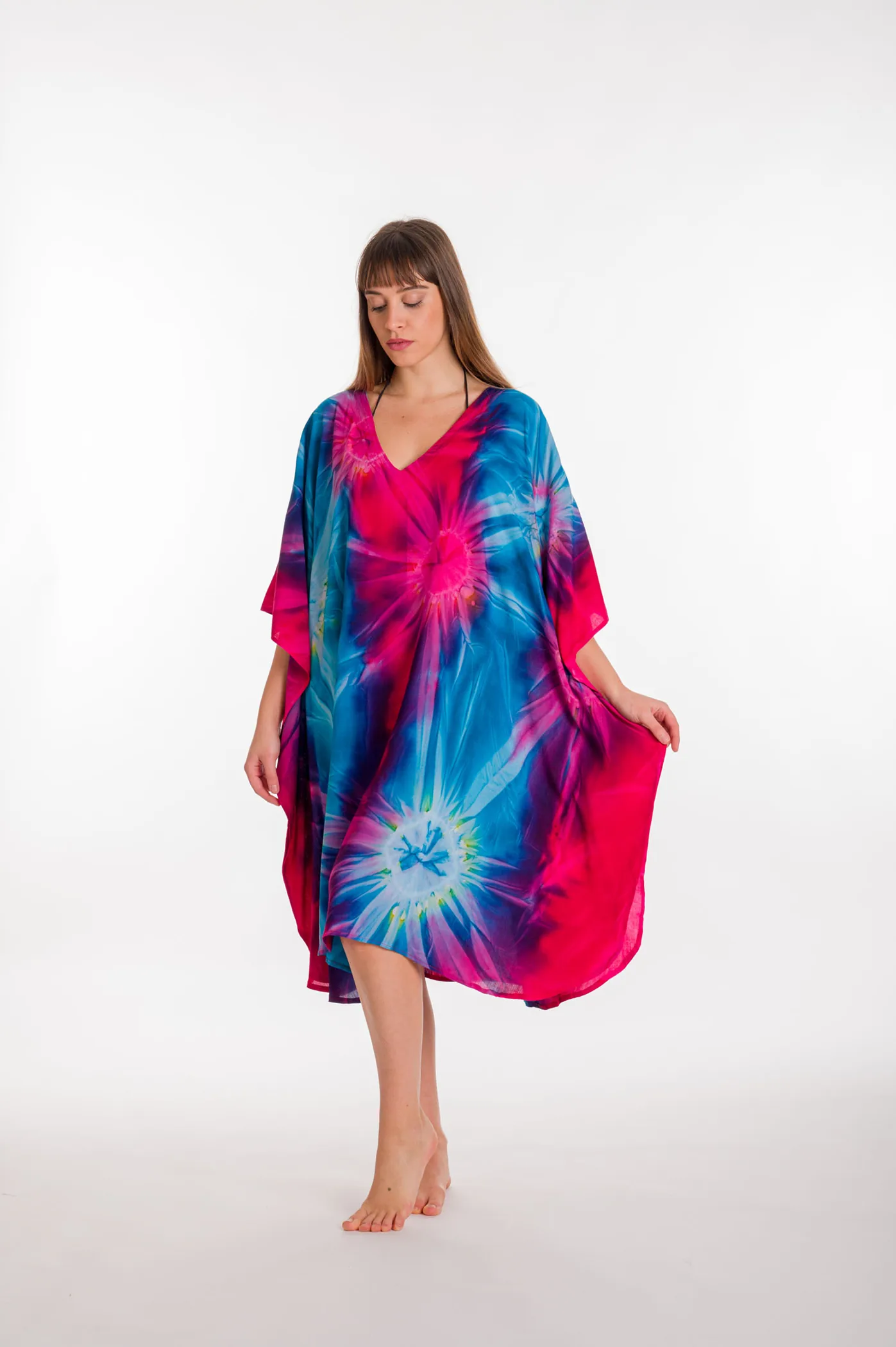 Καφτανι midi βισκοζ tie dye εκρηξη - Μπλέ;Φούξια καφτάνι παραλίας από βισκόζ για καλοκαιρινές resort εμφανίσεις
