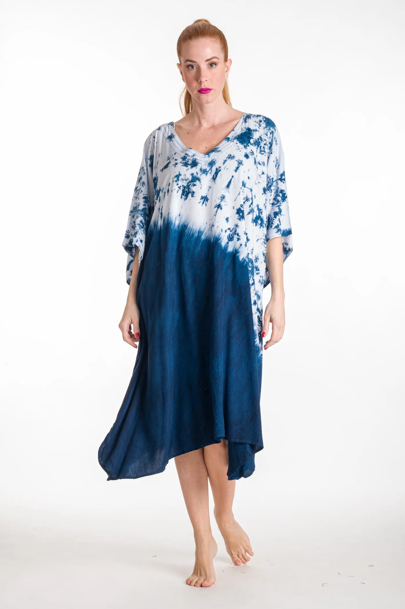 Καφτανι midi βισκοζ tie dye - Μπλέ καφτάνι παραλίας από βισκόζ για καλοκαιρινές resort εμφανίσεις