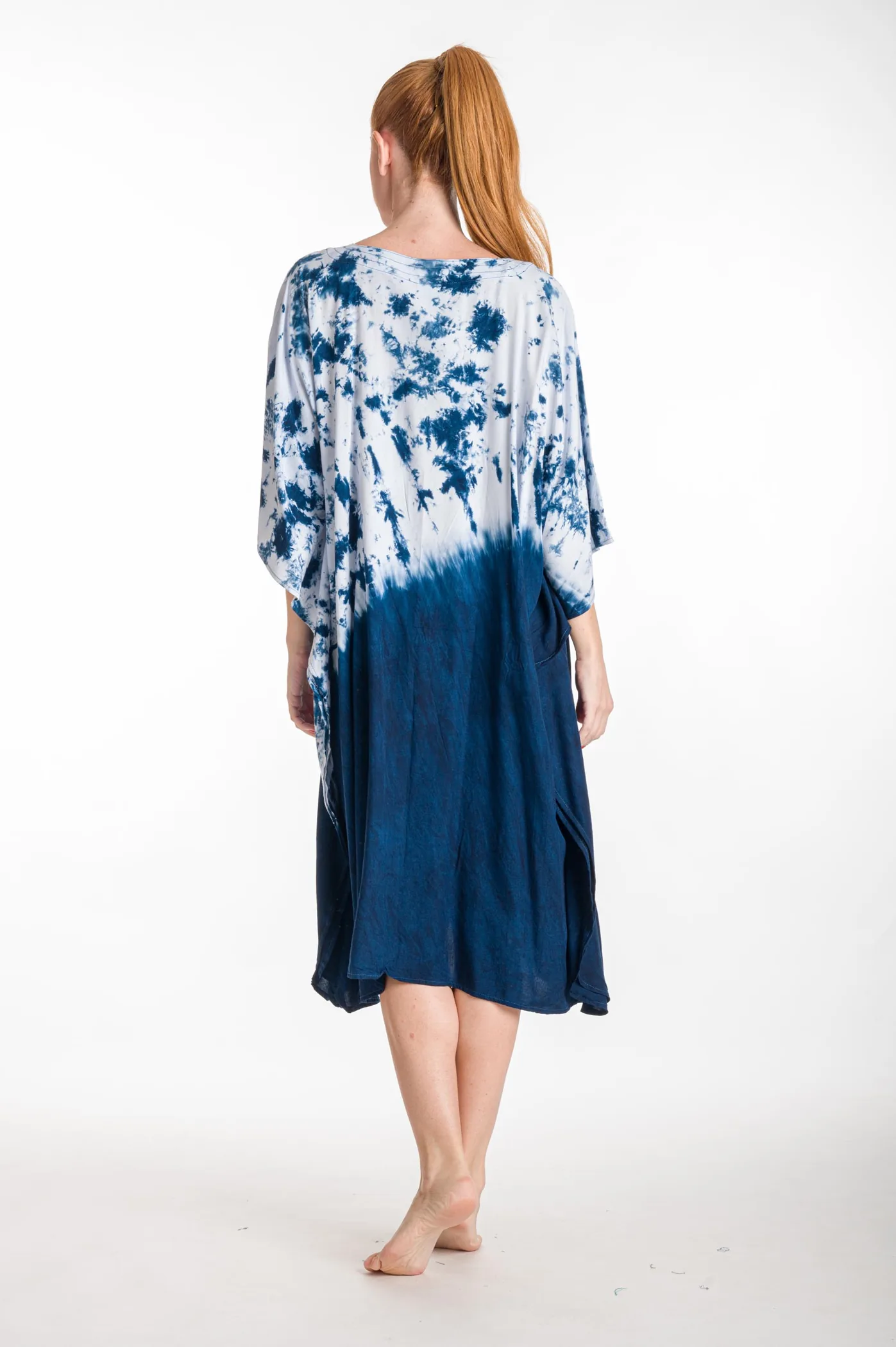 Καφτανι midi βισκοζ tie dye - Μπλέ καφτάνι παραλίας από βισκόζ για καλοκαιρινές resort εμφανίσεις