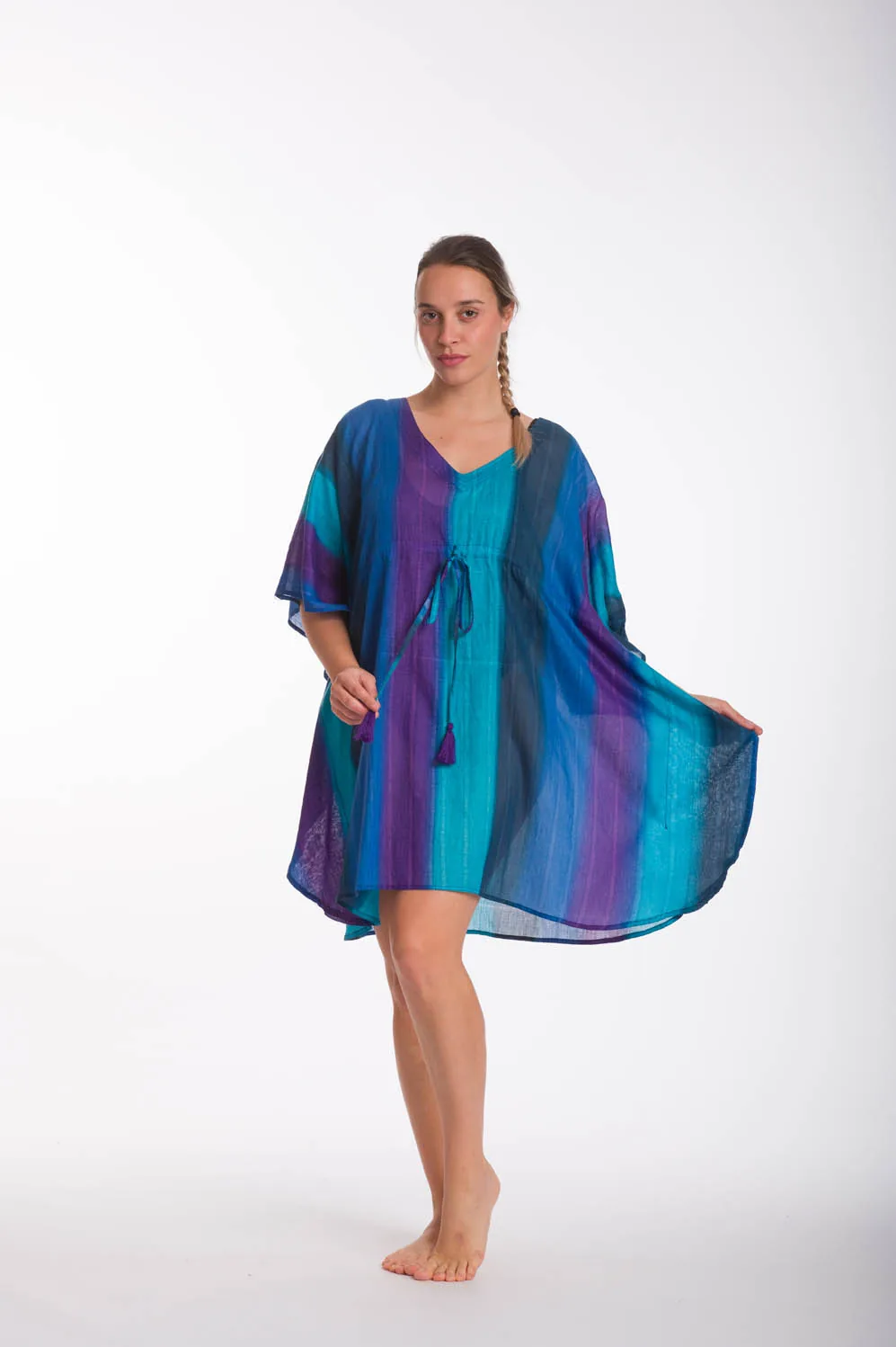 Μώβ ποντσο tie dye ριγε βαμβακερο με κορδονι - Μπλέ;Μώβ;Blue Black πόντσο παραλίας από βαμβακερό για καλοκαιρινές resort εμφανίσεις