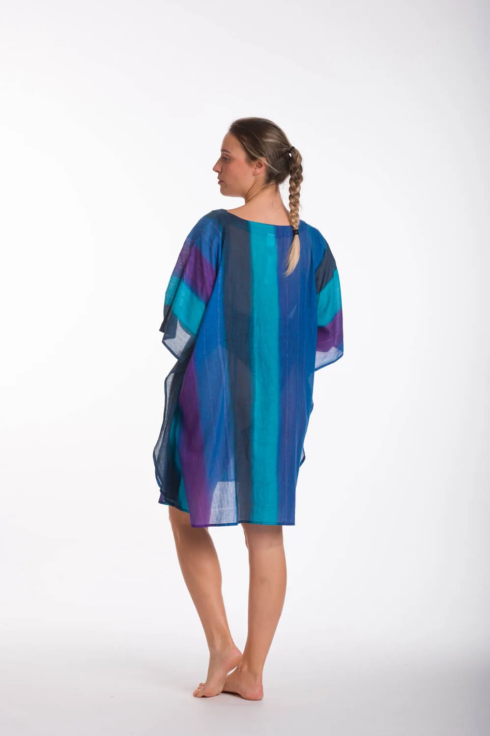 Μώβ ποντσο tie dye ριγε βαμβακερο με κορδονι - Μπλέ;Μώβ;Blue Black πόντσο παραλίας από βαμβακερό για καλοκαιρινές resort εμφανίσεις