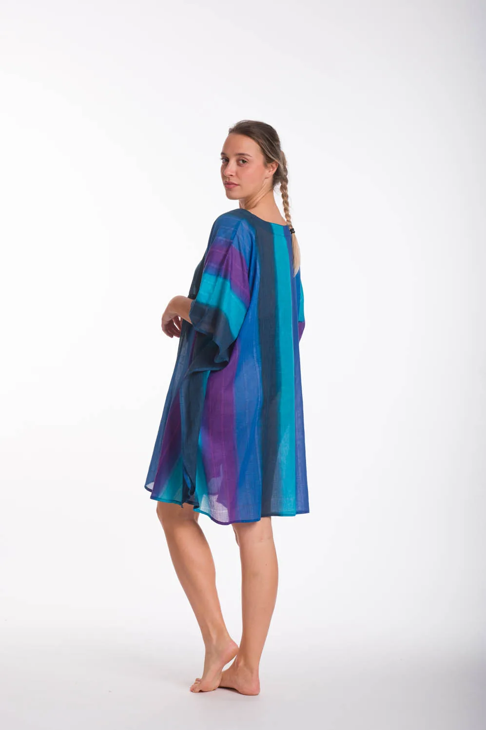 Μώβ ποντσο tie dye ριγε βαμβακερο με κορδονι - Μπλέ;Μώβ;Blue Black πόντσο παραλίας από βαμβακερό για καλοκαιρινές resort εμφανίσεις