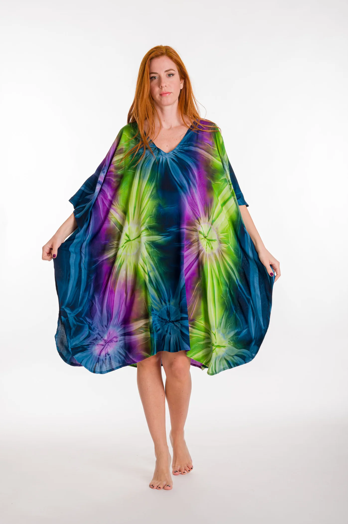 Καφτανι midi βισκοζ tie dye εκρηξη - Μπλέ;Μώβ;Πορτοκαλί;Πράσινο καφτάνι παραλίας από βισκόζ για καλοκαιρινές resort εμφανίσεις