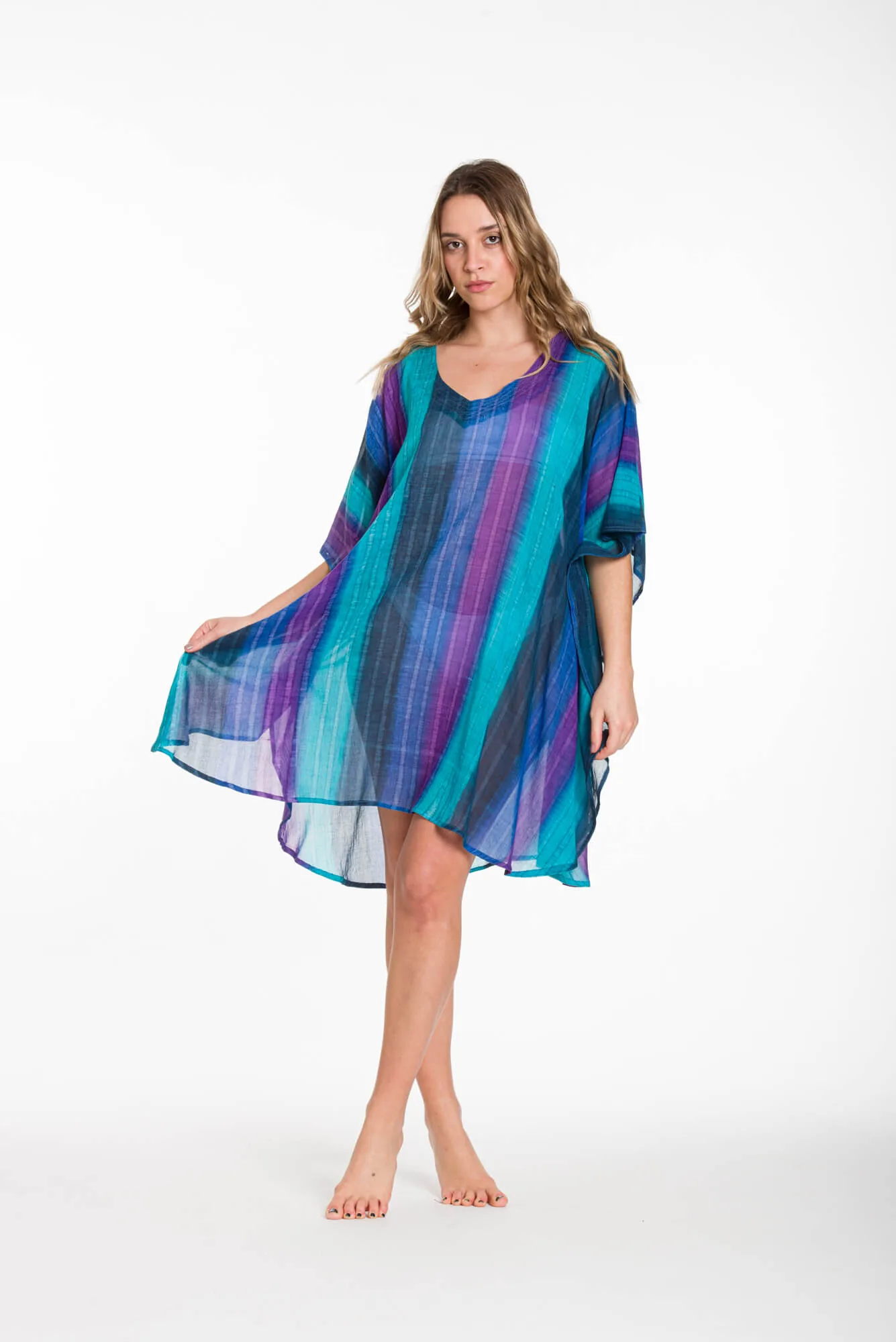 Ποντσο tie dye ριγε βαμβακερο - Μπλέ;Μώβ;Ράφ;Τυρκουάζ πόντσο παραλίας από βαμβακερό για καλοκαιρινές resort εμφανίσεις