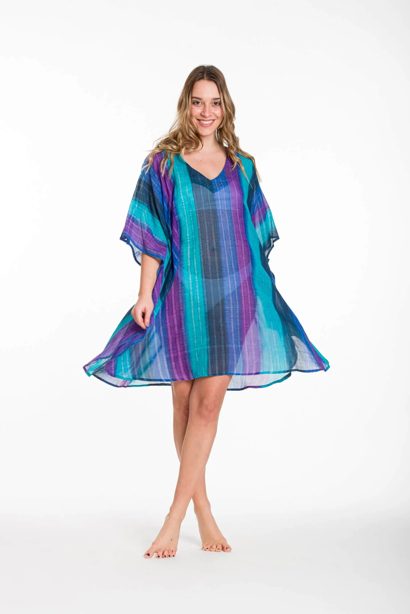 Ποντσο tie dye ριγε βαμβακερο - Μπλέ;Μώβ;Ράφ;Τυρκουάζ πόντσο παραλίας από βαμβακερό για καλοκαιρινές resort εμφανίσεις