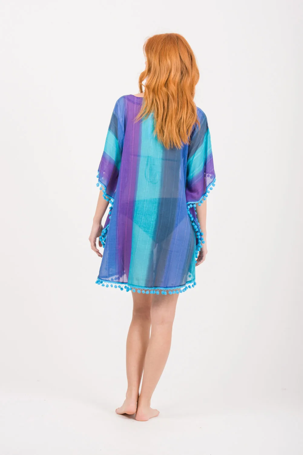 Ποντσο tie dye ριγε βαμβακερο με pon pon - Μπλέ;Μώβ;Ράφ;Τυρκουάζ πόντσο παραλίας από βαμβακερό για καλοκαιρινές resort εμφανίσεις