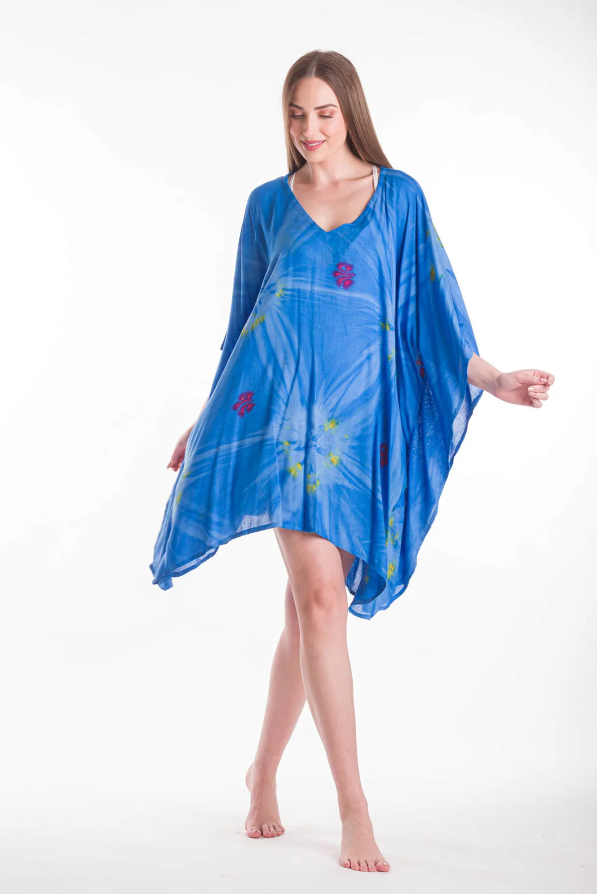 Ποντσο βισκοζ tie dye εκρηξη - Μπλέ πόντσο παραλίας από βισκόζ για καλοκαιρινές resort εμφανίσεις