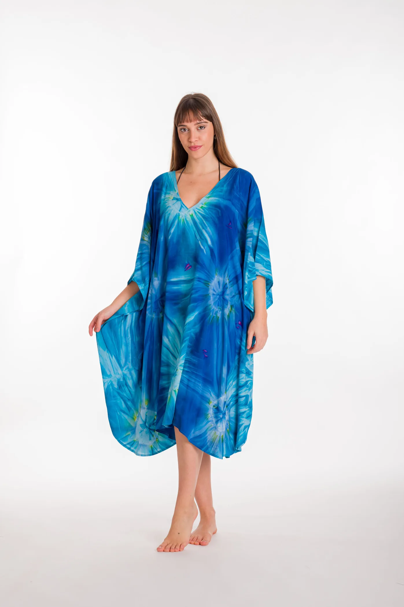 Ποντσο βισκοζ tie dye εκρηξη - Μπλέ καφτάνι παραλίας από βισκόζ για καλοκαιρινές resort εμφανίσεις
