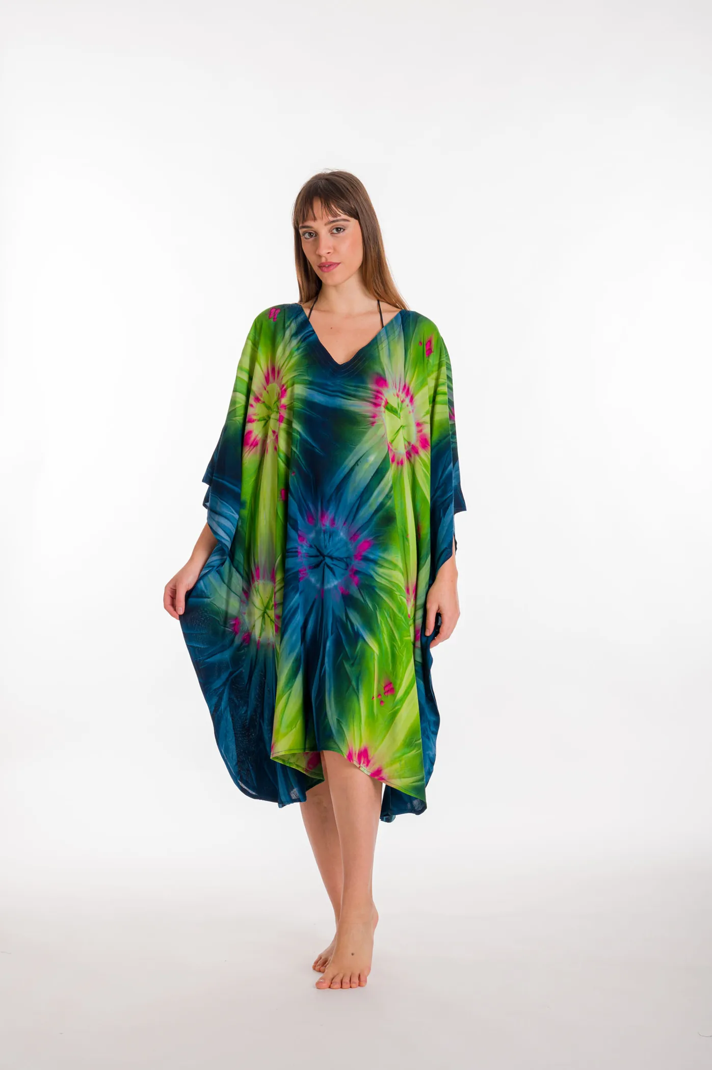 Καφτανι midi βισκοζ tie dye εκρηξη - Μπλέ;Πράσινο καφτάνι παραλίας από βισκόζ για καλοκαιρινές resort εμφανίσεις