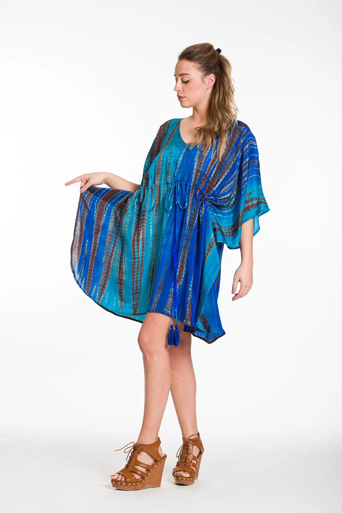 Καφτανι midi μεταξωτο 100% tie dye με aduster - Μπλέ;Τυρκουάζ καφτάνι παραλίας για καλοκαιρινές resort εμφανίσεις