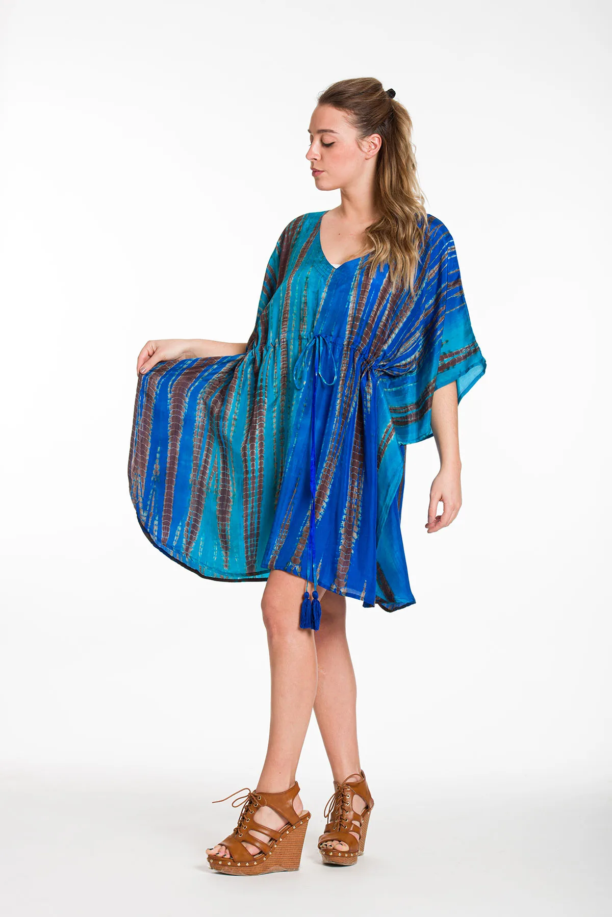 Καφτανι midi μεταξωτο 100% tie dye με aduster - Μπλέ;Τυρκουάζ καφτάνι παραλίας για καλοκαιρινές resort εμφανίσεις