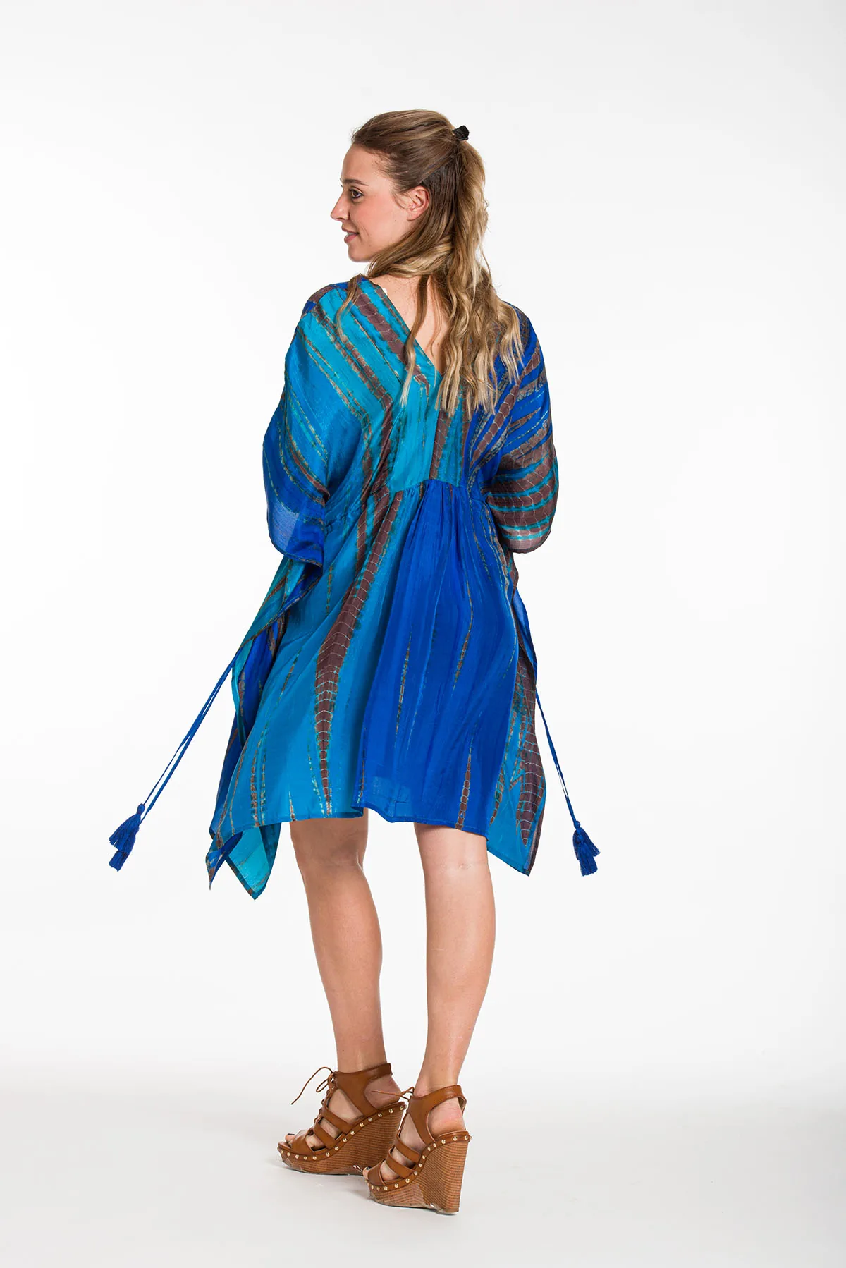 Καφτανι midi μεταξωτο 100% tie dye με κρυφο aduster στις πλαινες - Μπλέ;Τυρκουάζ καφτάνι παραλίας για καλοκαιρινές resort εμφανίσεις