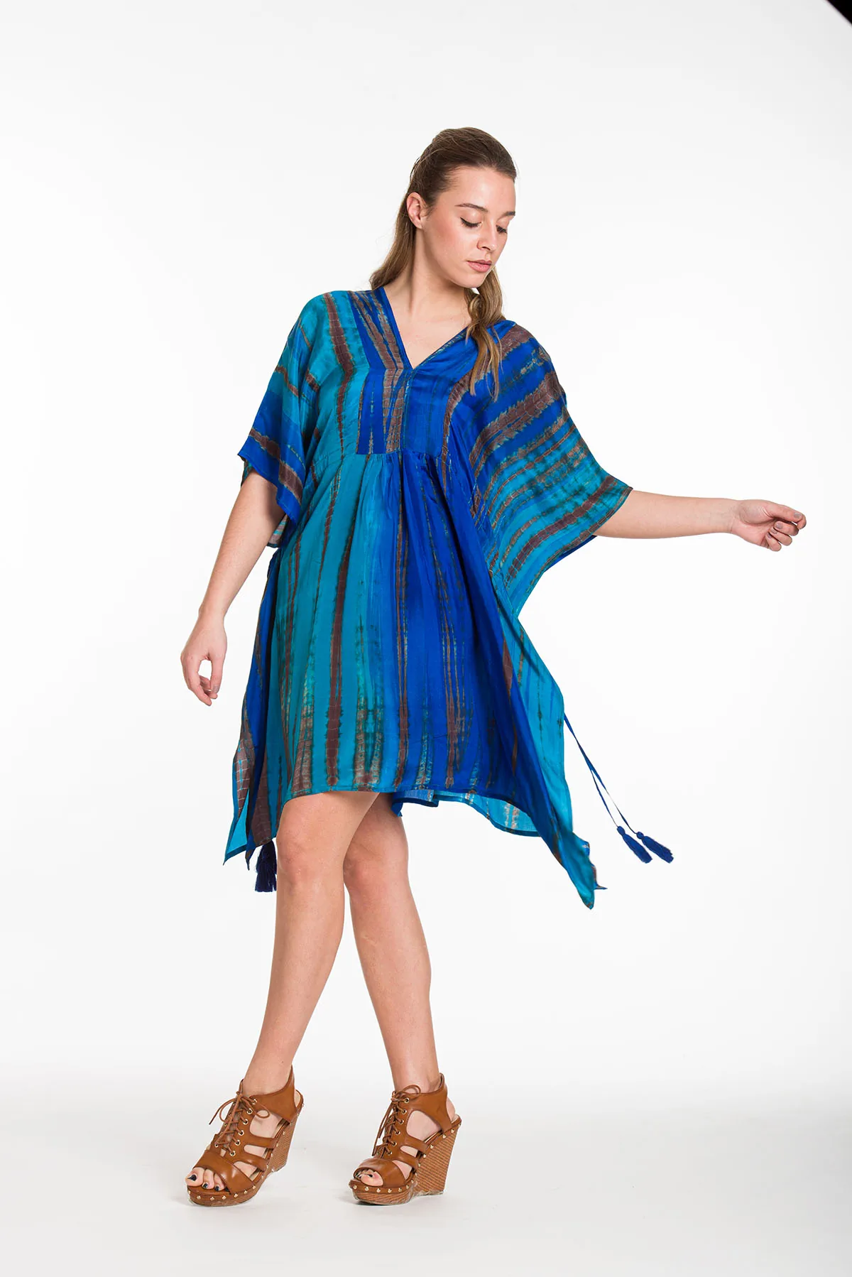 Καφτανι midi μεταξωτο 100% tie dye με κρυφο aduster στις πλαινες - Μπλέ;Τυρκουάζ καφτάνι παραλίας για καλοκαιρινές resort εμφανίσεις