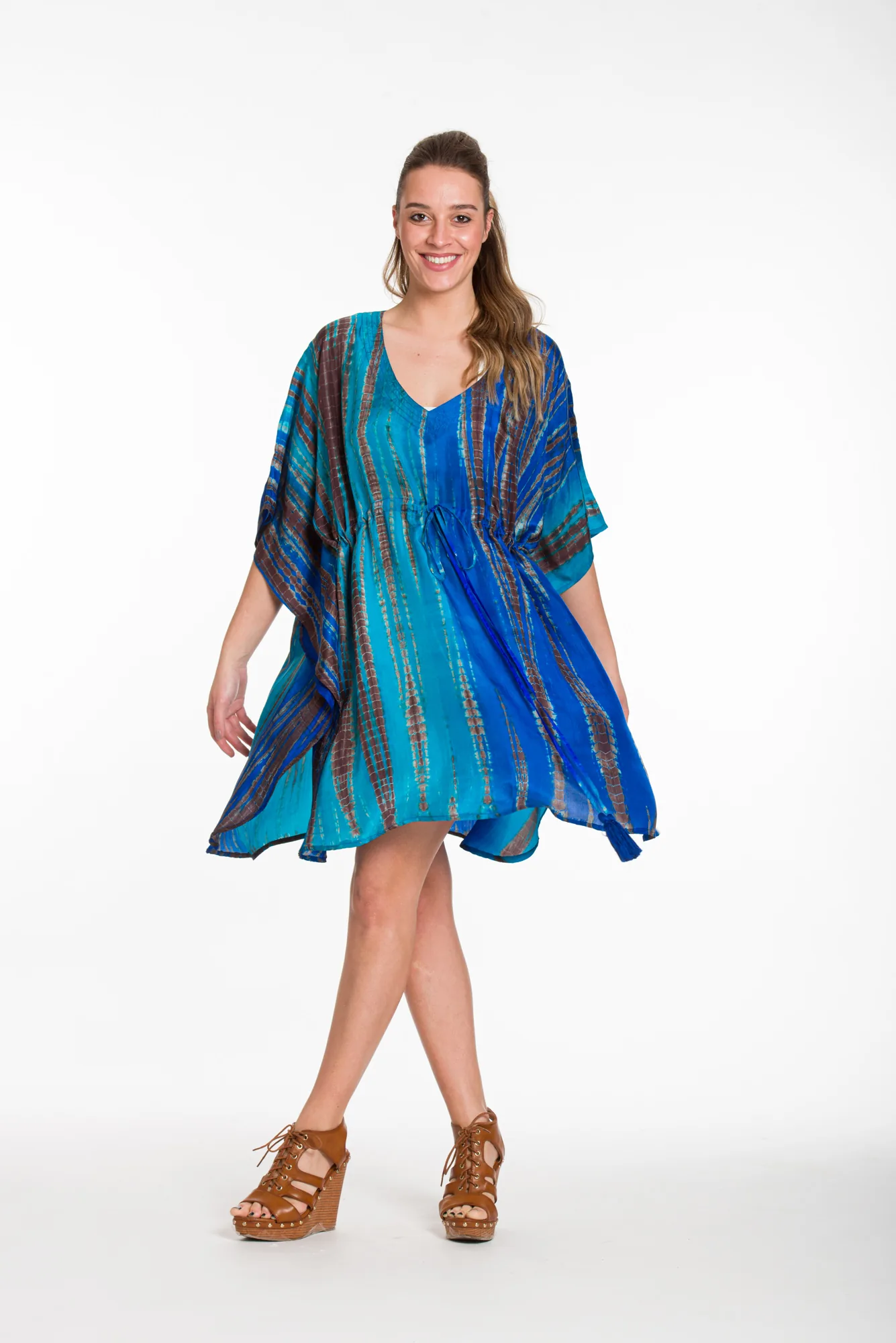 Καφτανι midi μεταξωτο tie dye με aduster - Μπλέ;Τυρκουάζ καφτάνι παραλίας για καλοκαιρινές resort εμφανίσεις