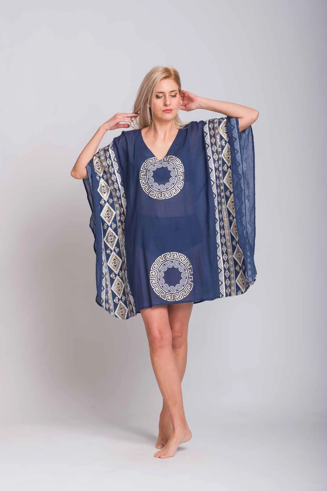 Navy blue ποντσο βαμβακερο χρυσοτυπια μαιανδρος - Navy Blue;Χρυσό πόντσο παραλίας από βαμβακερό για καλοκαιρινές resort εμφανίσεις