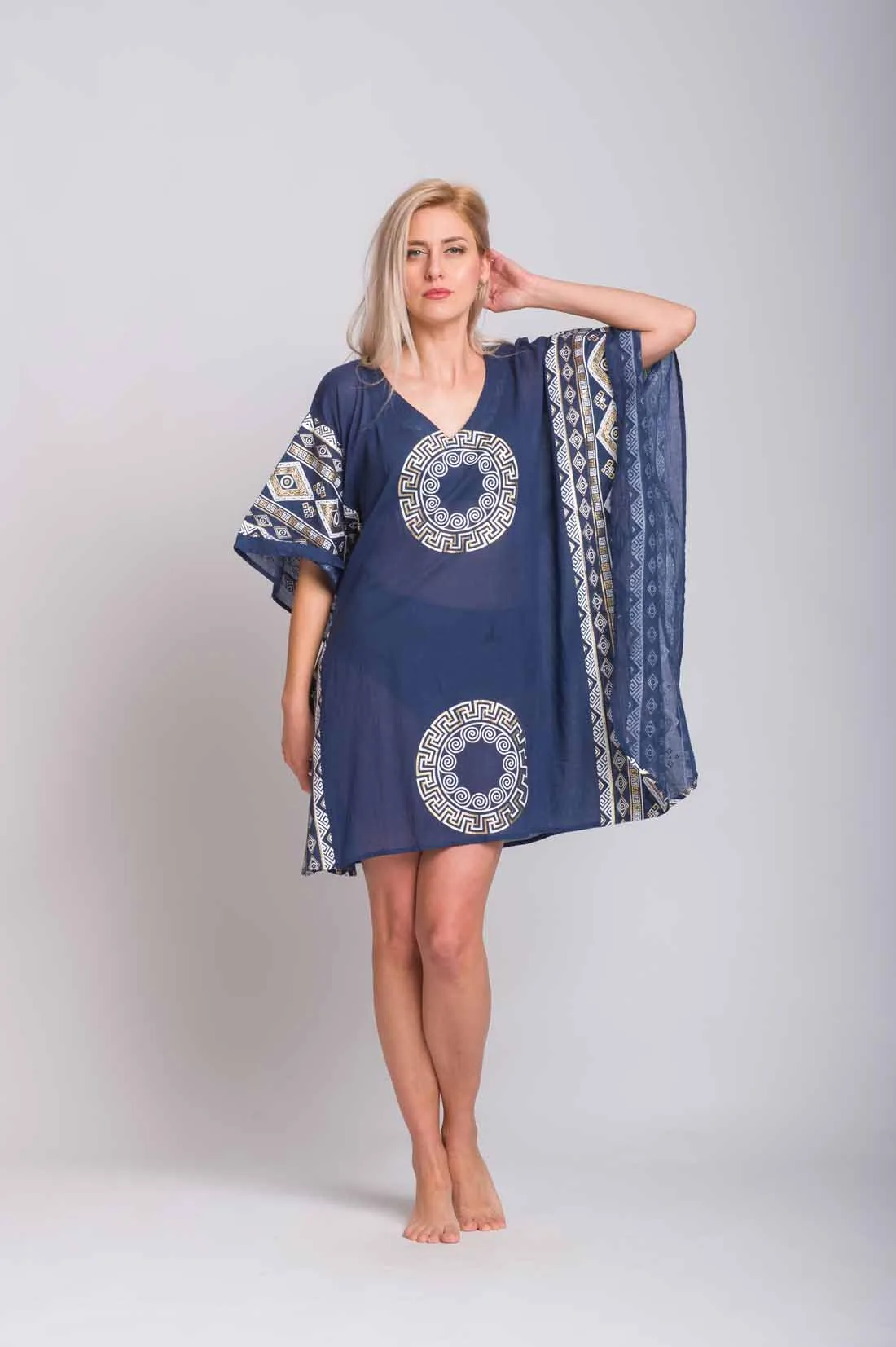 Navy blue ποντσο βαμβακερο χρυσοτυπια μαιανδρος - Navy Blue;Χρυσό παρεό παραλίας από βαμβακερό για καλοκαιρινές resort εμφανίσεις