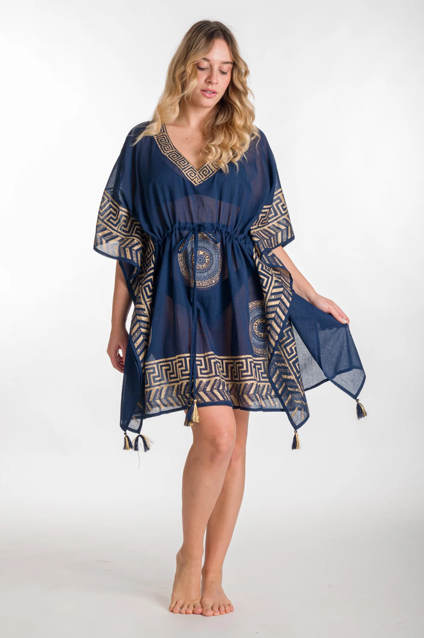 Ποντσο βαμβακερο χρυσοτυπια μαιανδρος - Navy Blue;Χρυσό πόντσο παραλίας από βαμβακερό για καλοκαιρινές resort εμφανίσεις