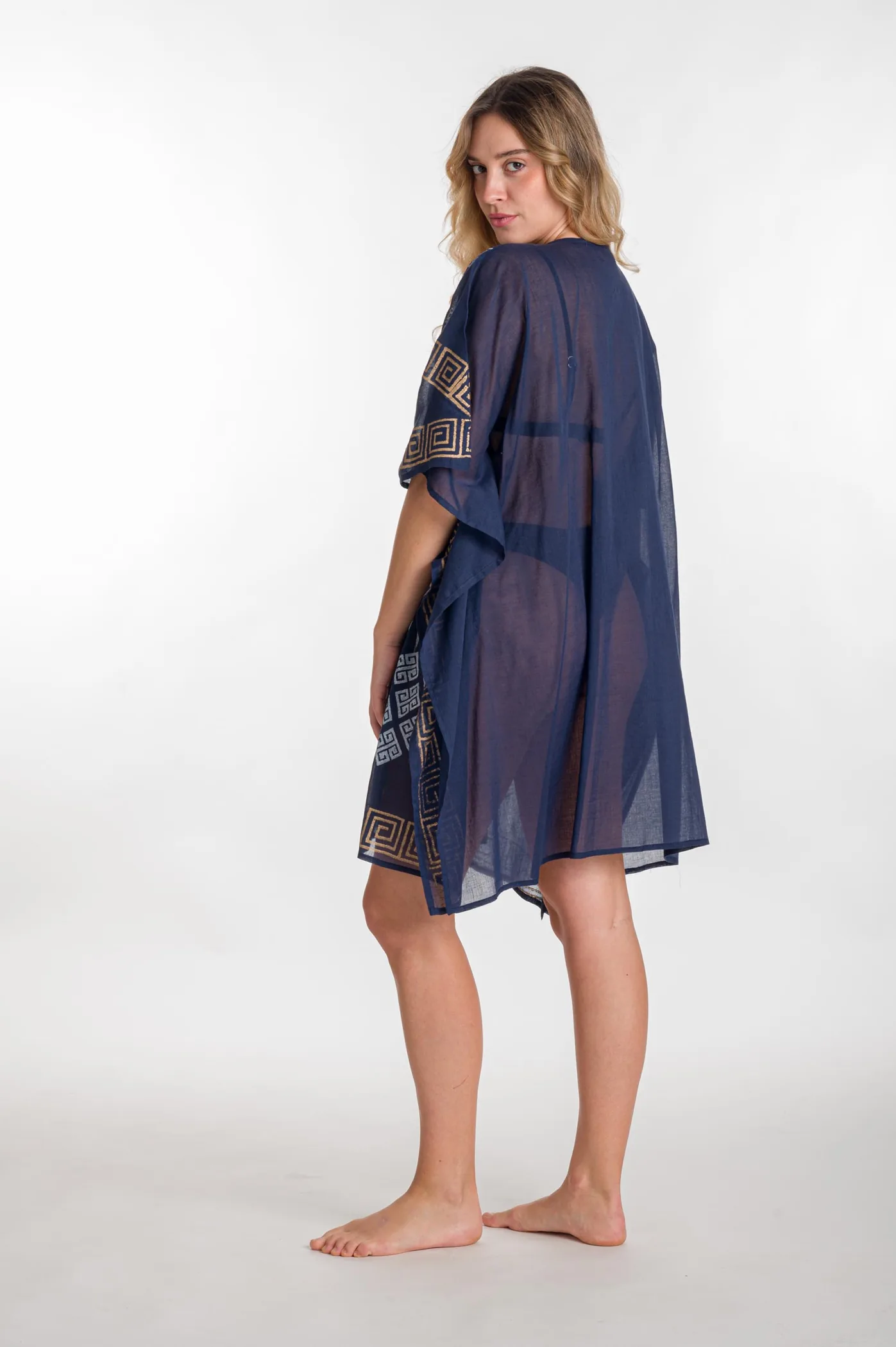Ποντσο βαμβακερο χρυσοτυπια μαιανδρος - Navy Blue;Χρυσό πόντσο παραλίας από βαμβακερό για καλοκαιρινές resort εμφανίσεις