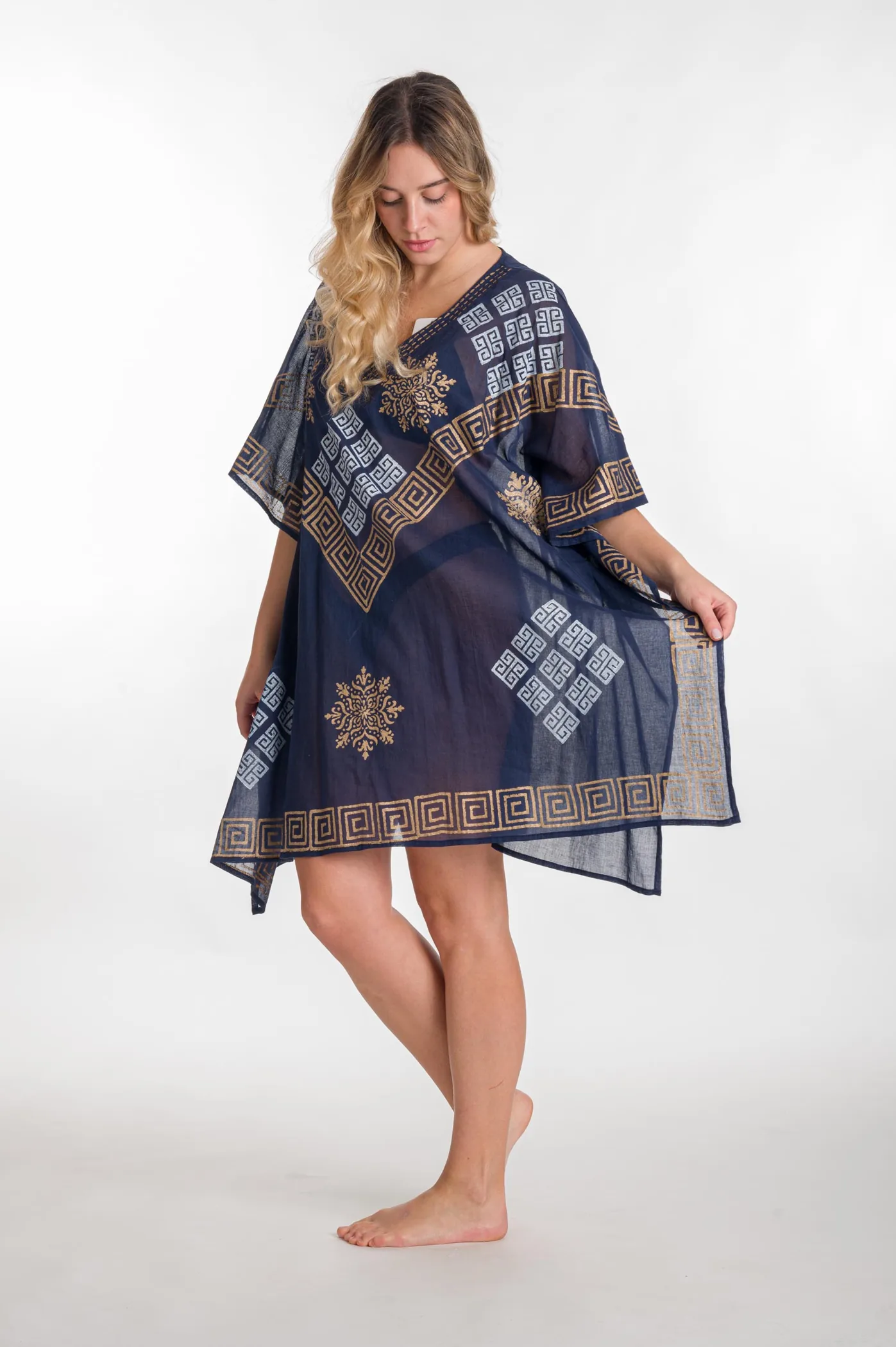 Ποντσο βαμβακερο χρυσοτυπια μαιανδρος - Navy Blue;Χρυσό πόντσο παραλίας από βαμβακερό για καλοκαιρινές resort εμφανίσεις