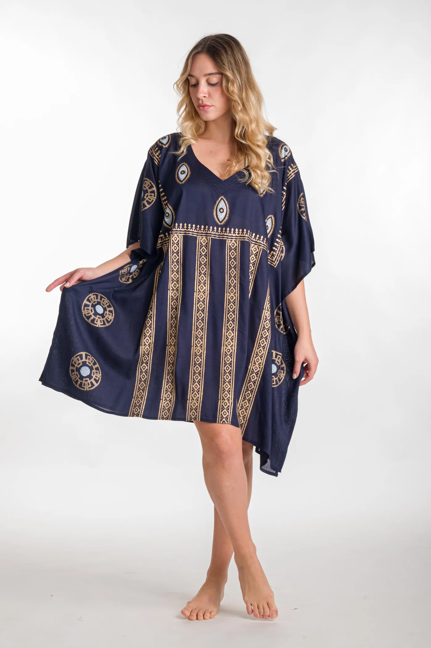 Ποντσο βαμβακερο χρυσοτυπια ματι - Navy Blue;Χρυσό πόντσο παραλίας από βαμβακερό για καλοκαιρινές resort εμφανίσεις