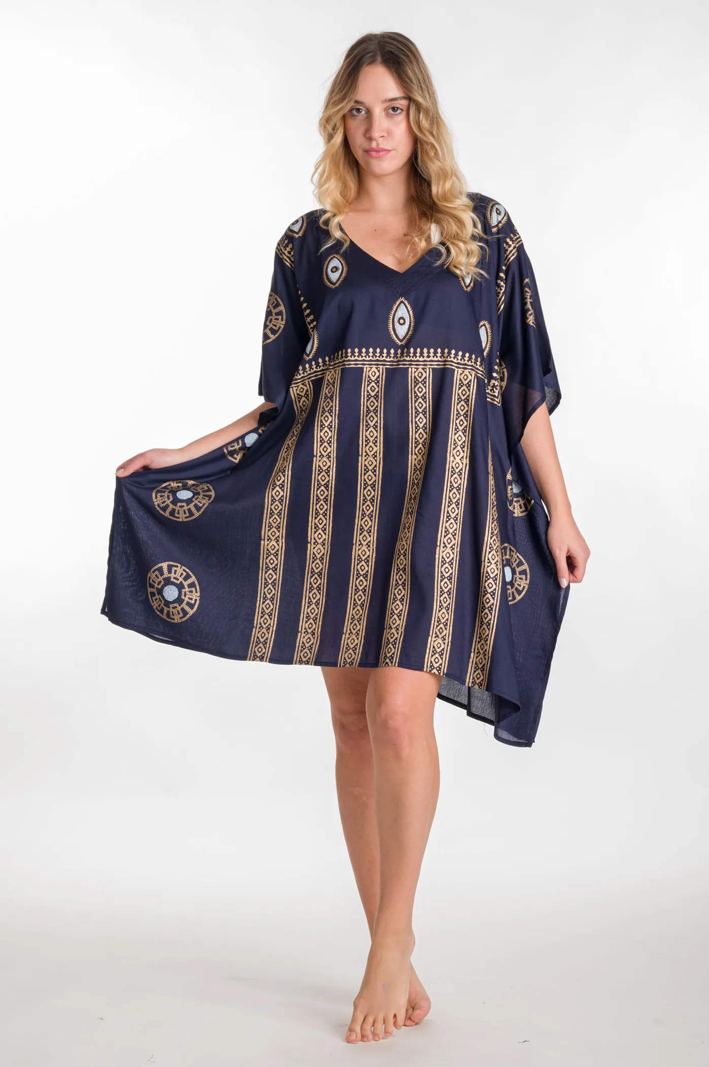 Ποντσο βαμβακερο χρυσοτυπια ματι - Navy Blue;Χρυσό πόντσο παραλίας από βαμβακερό για καλοκαιρινές resort εμφανίσεις