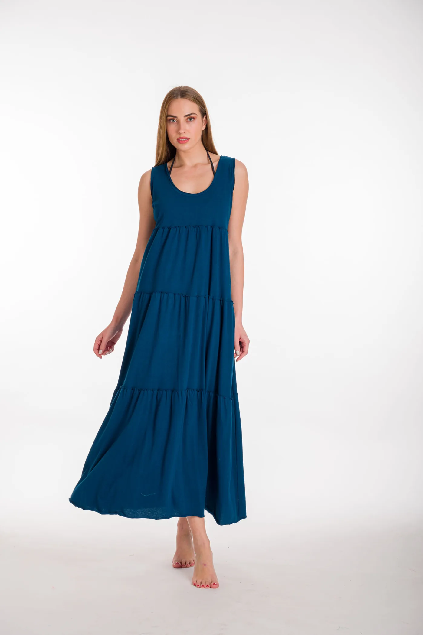 Φορεμα αμανικο μακο βαμβακερο - Navy Blue φόρεμα παραλίας από βαμβακερό για καλοκαιρινές resort εμφανίσεις