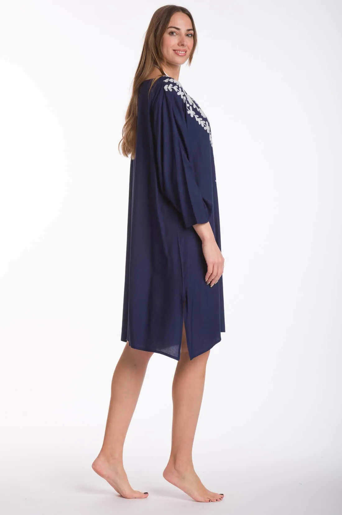 Καφτανι midi με κεντημα viscose και τρουακαρ μανικια - Navy Blue καφτάνι παραλίας από βισκόζ για καλοκαιρινές resort εμφανίσεις