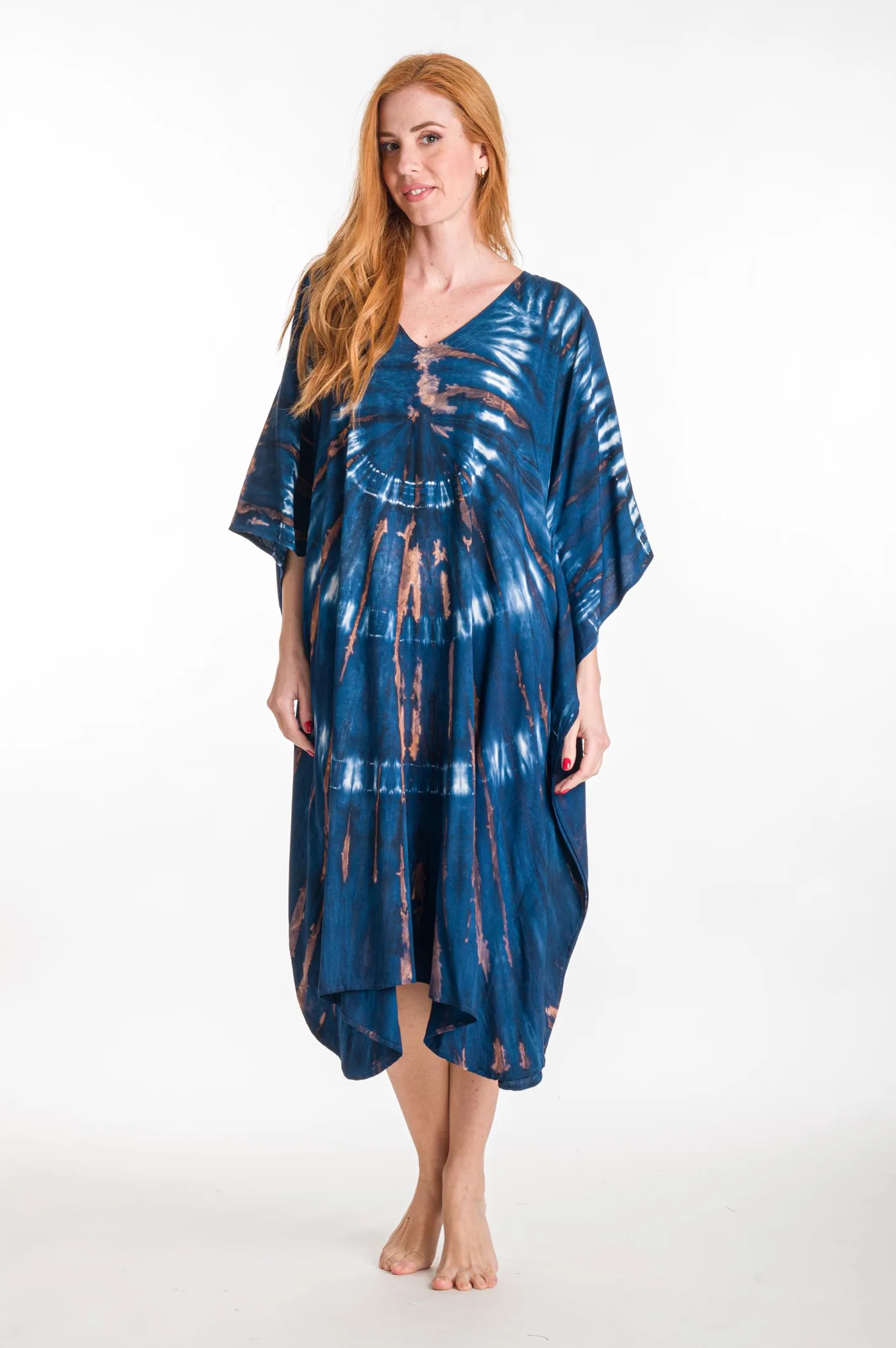 Καφτανι midi βισκοζ tie dye - Navy Blue καφτάνι παραλίας από βισκόζ για καλοκαιρινές resort εμφανίσεις