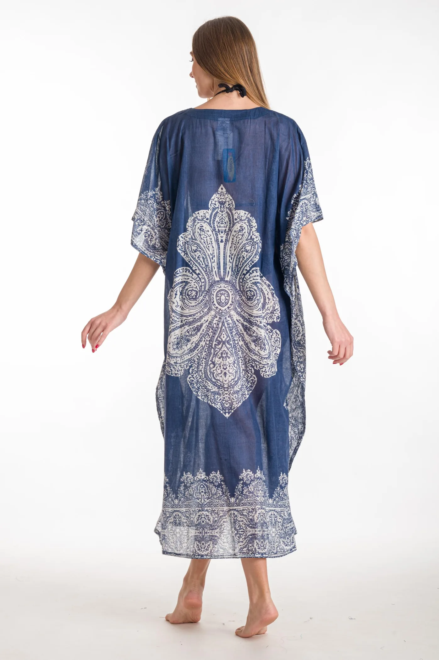 Καφτανι βαμβακερο ethnic - Navy Blue καφτάνι παραλίας από βαμβακερό για καλοκαιρινές resort εμφανίσεις
