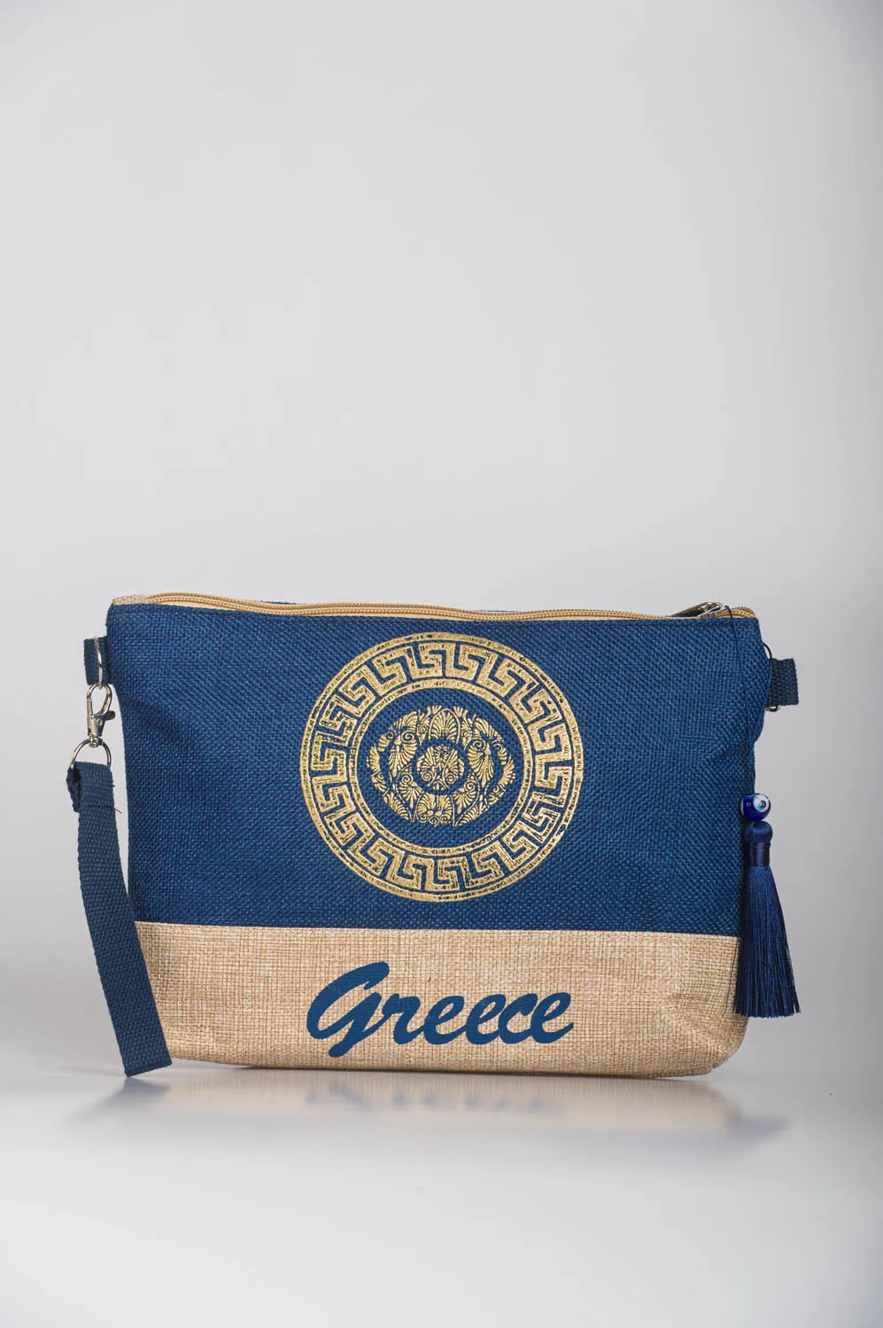 Navy blue τσαντακι καρπου με χρυσοτυπια μαιανρο και ματι - Navy Blue;Μπέζ;Χρυσό τσάντα θαλάσσης για καλοκαιρινές resort εμφανίσεις