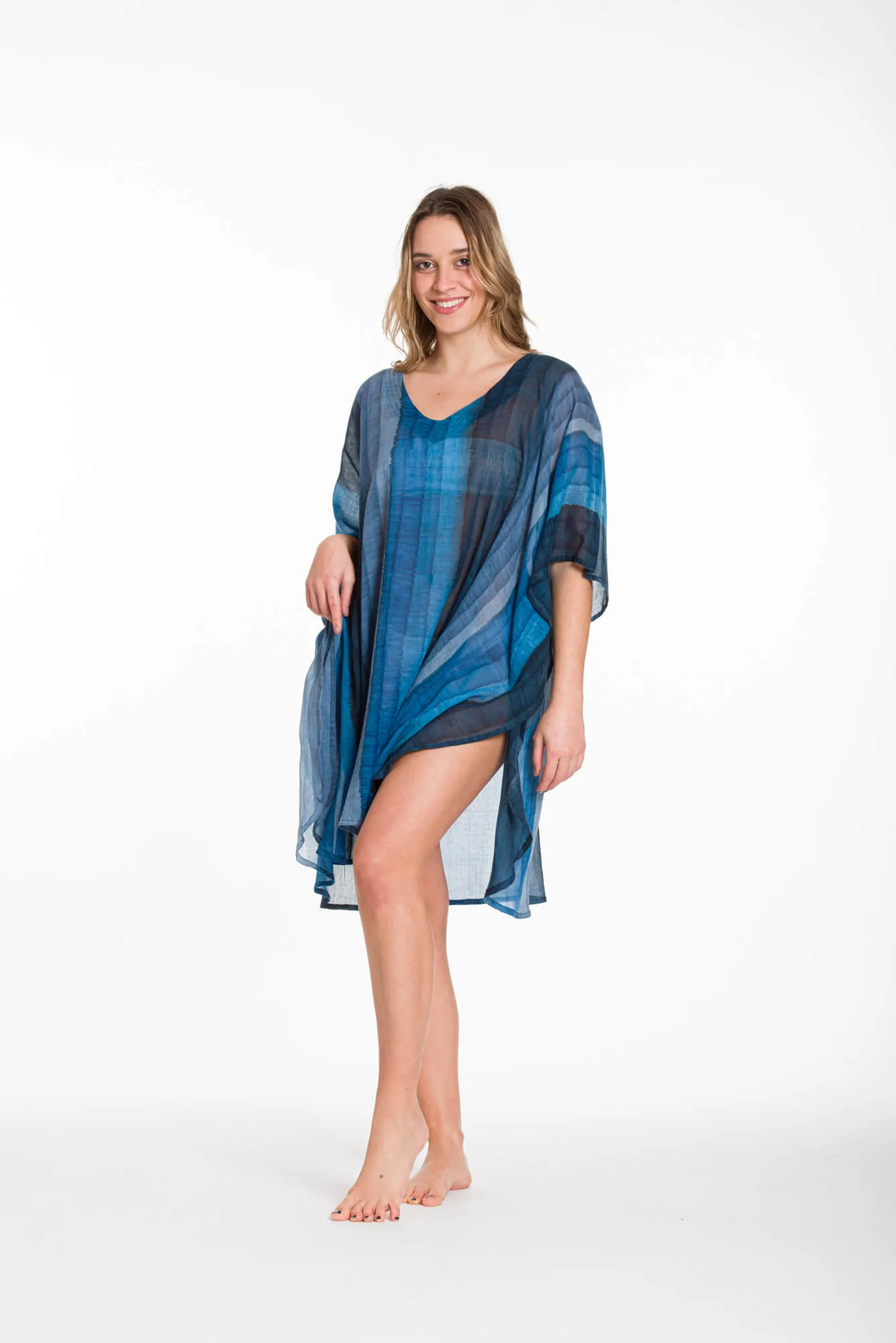 Ποντσο tie dye ριγε βαμβακερο - Navy Blue;Μπλέ πόντσο παραλίας από βαμβακερό για καλοκαιρινές resort εμφανίσεις