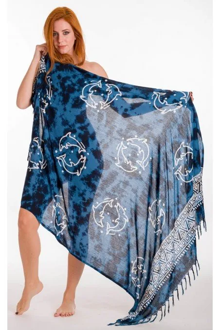 Παρεο βισκοζ με δελφινια και κροσσια - Navy Blue παρεό παραλίας για καλοκαιρινές resort εμφανίσεις