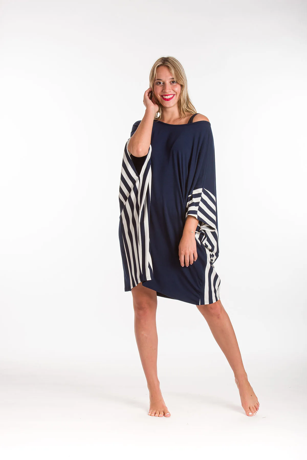 Ποντσο micromodal με ριγε τελειωμα - Navy Blue πόντσο παραλίας για καλοκαιρινές resort εμφανίσεις