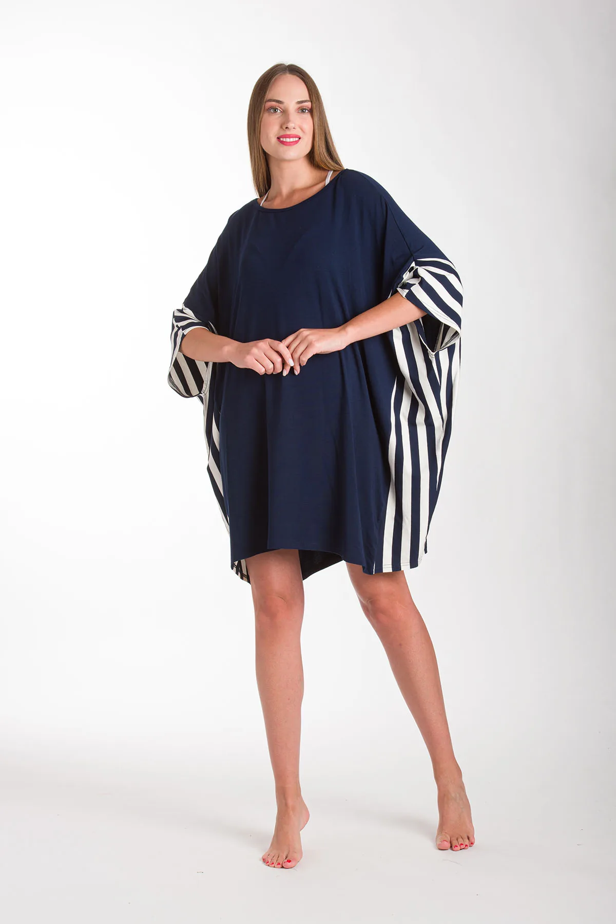 Ποντσο micromodal με ριγε τελειωμα - Navy Blue πόντσο παραλίας για καλοκαιρινές resort εμφανίσεις