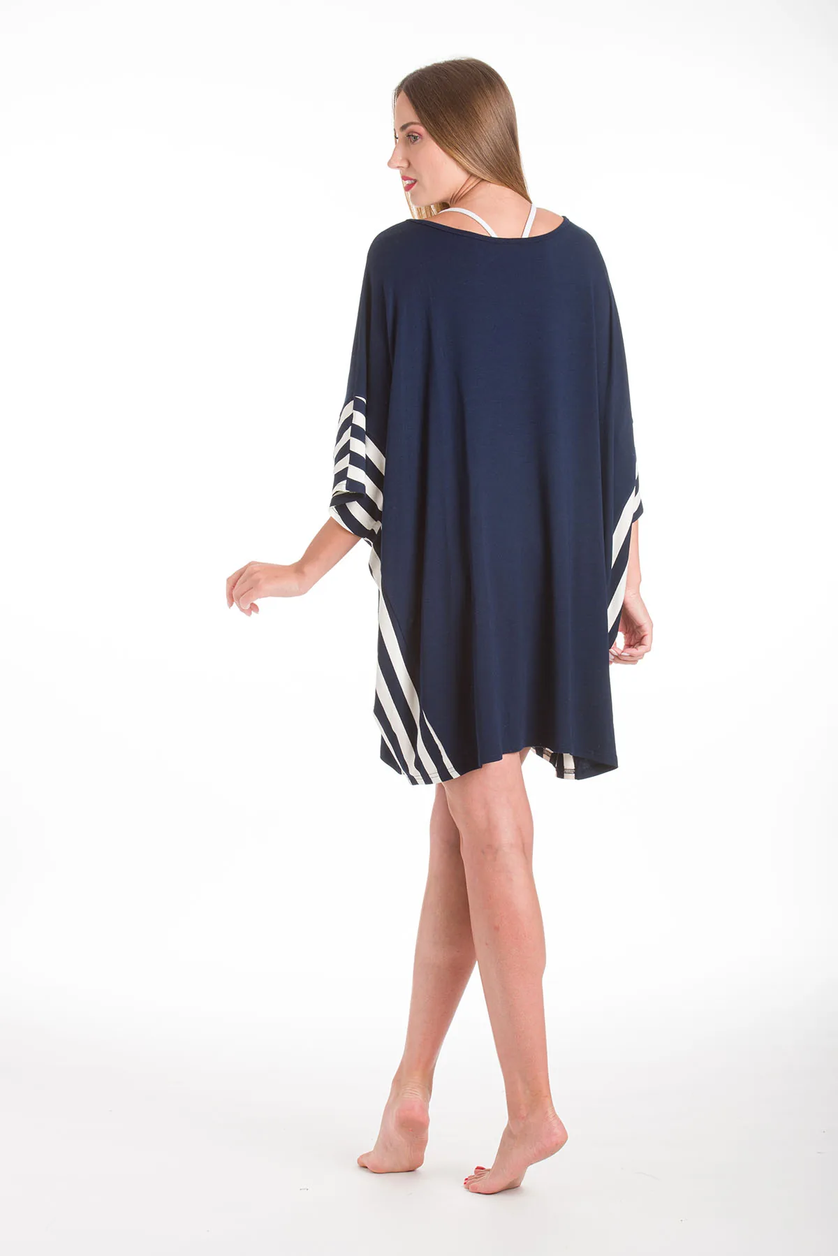 Ποντσο micromodal με ριγε τελειωμα - Navy Blue πόντσο παραλίας για καλοκαιρινές resort εμφανίσεις
