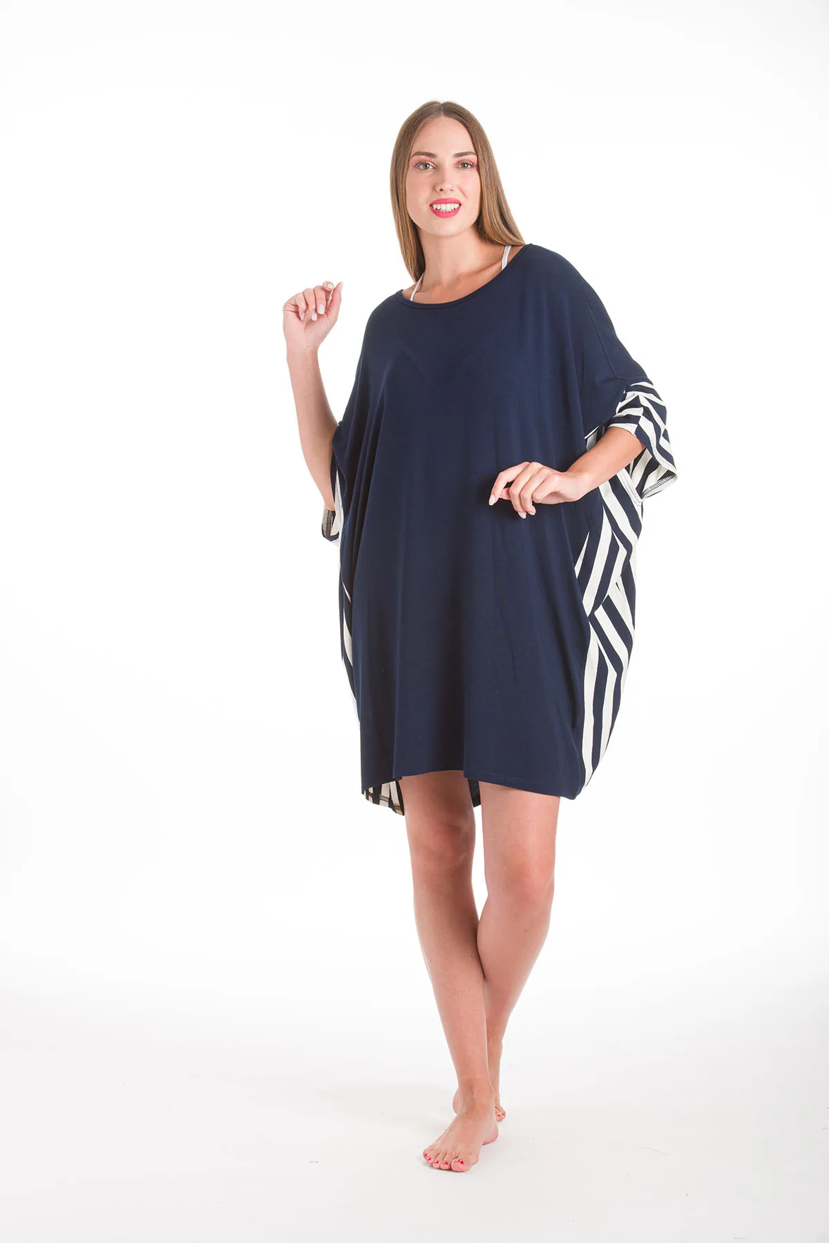 Ποντσο micromodal με ριγε τελειωμα - Navy Blue πόντσο παραλίας για καλοκαιρινές resort εμφανίσεις