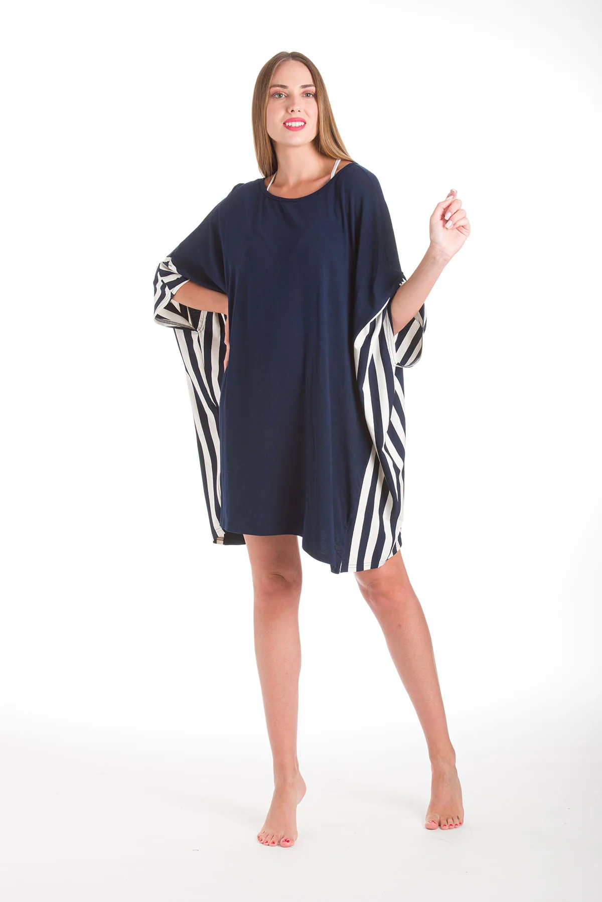 Ποντσο micromodal με ριγε τελειωμα - Navy Blue πόντσο παραλίας για καλοκαιρινές resort εμφανίσεις