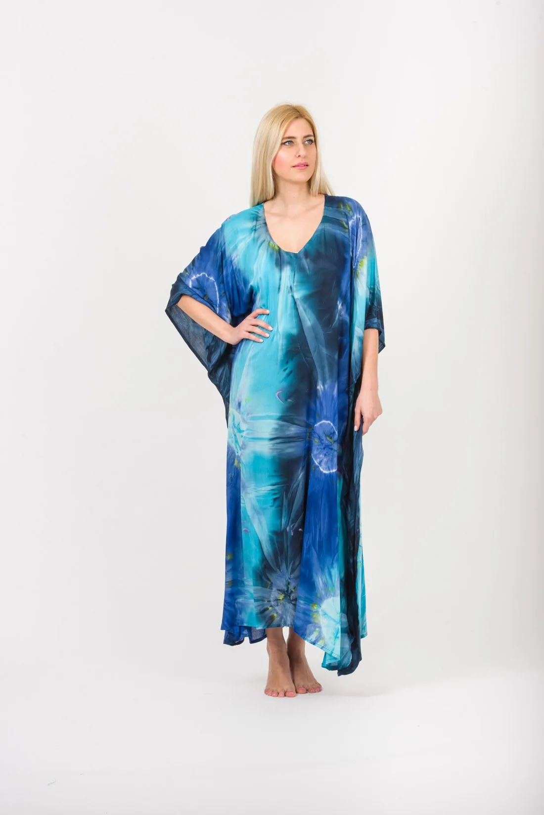 Καφτανι βισκοζ εκρηξη - Navy Blue;Τυρκουάζ καφτάνι παραλίας από βισκόζ για καλοκαιρινές resort εμφανίσεις