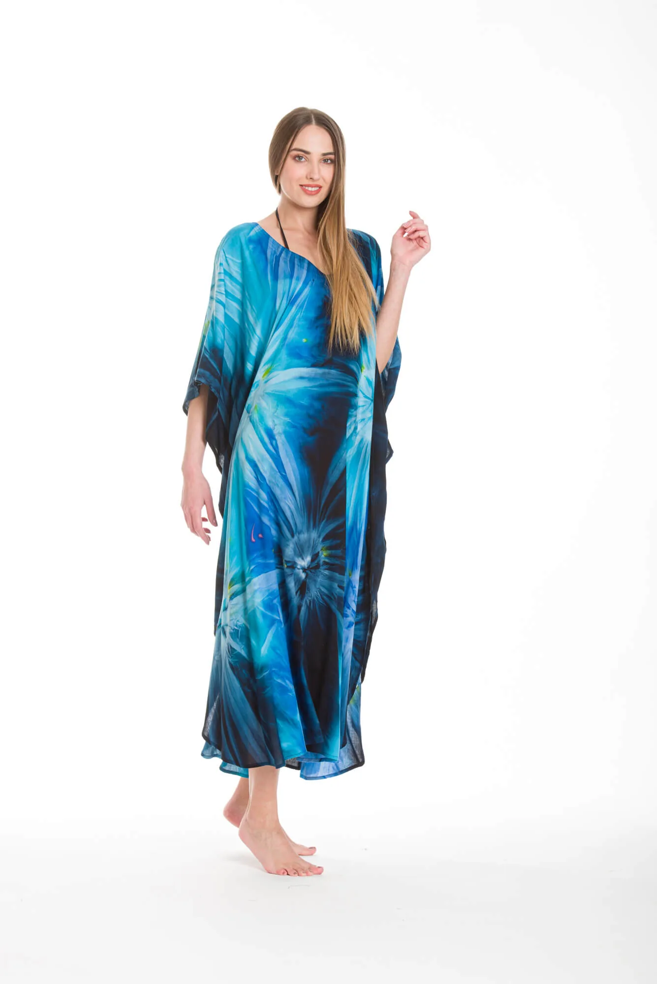 Καφτανι βισκοζ εκρηξη - Navy Blue;Τυρκουάζ καφτάνι παραλίας από βισκόζ για καλοκαιρινές resort εμφανίσεις