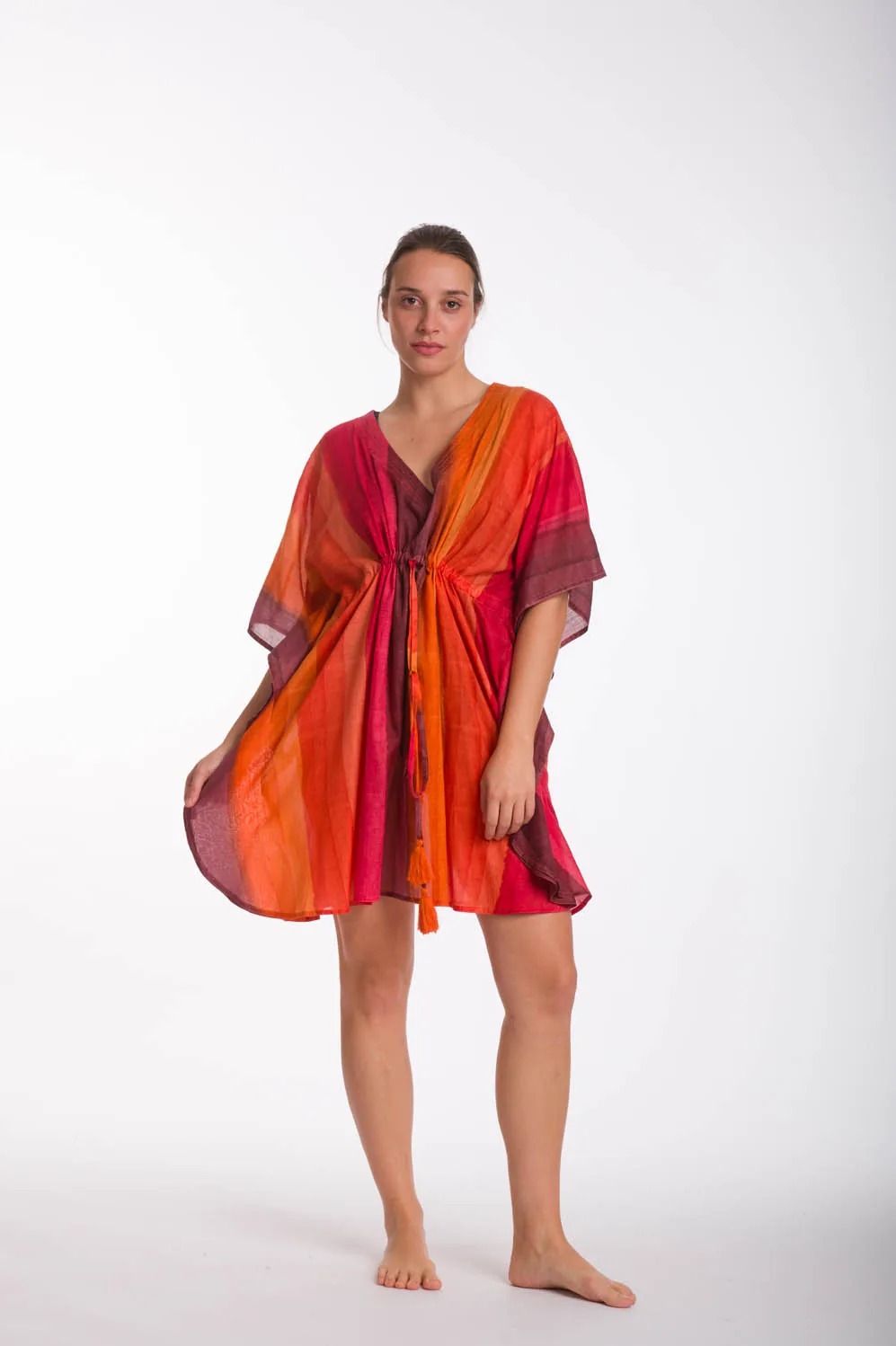 Καφέ ποντσο tie dye ριγε βαμβακερο με κορδονι - Πορτοκαλί;Καφέ πόντσο παραλίας από βαμβακερό για καλοκαιρινές resort εμφανίσεις