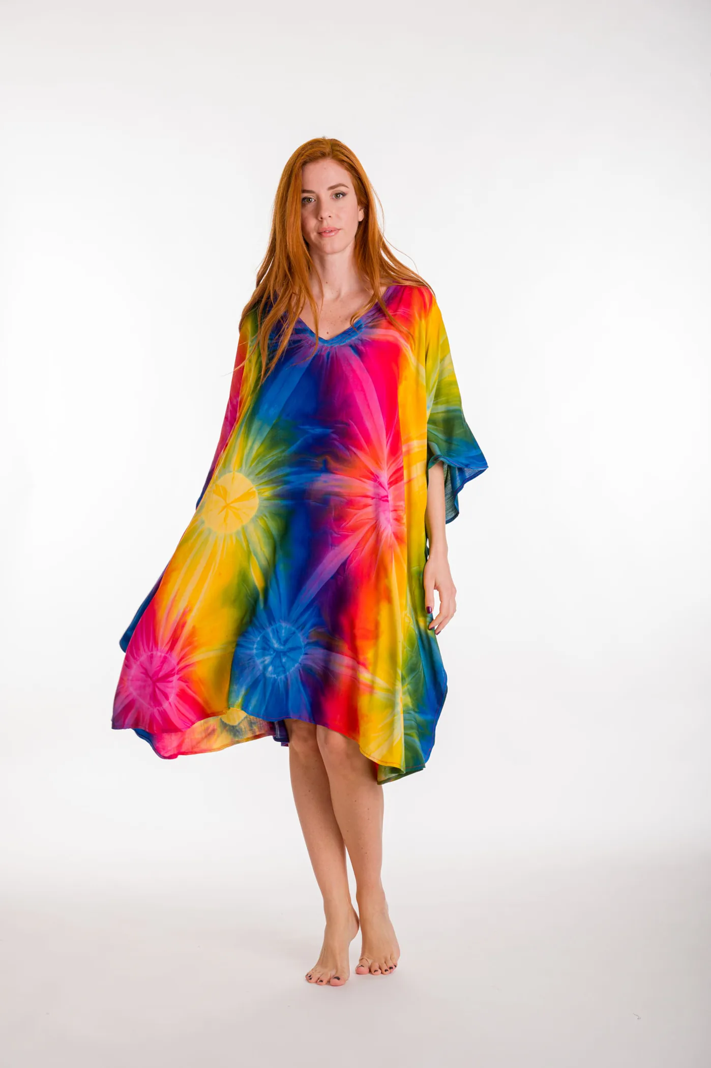 Καφτανι midi βισκοζ tie dye εκρηξη - Πορτοκαλί καφτάνι παραλίας από βισκόζ για καλοκαιρινές resort εμφανίσεις