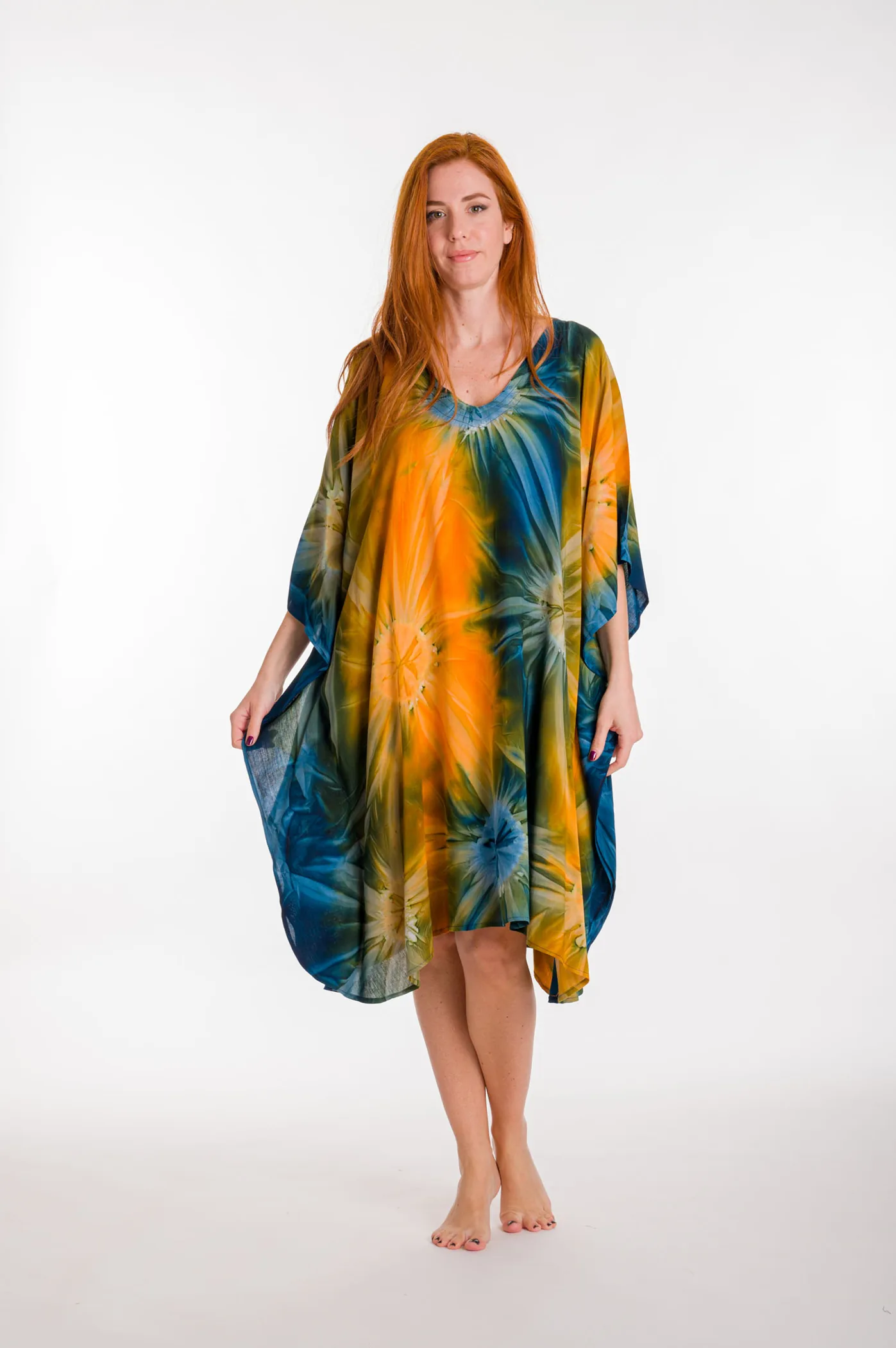 Καφτανι midi βισκοζ tie dye εκρηξη - Πορτοκαλί παρεό παραλίας από βισκόζ για καλοκαιρινές resort εμφανίσεις