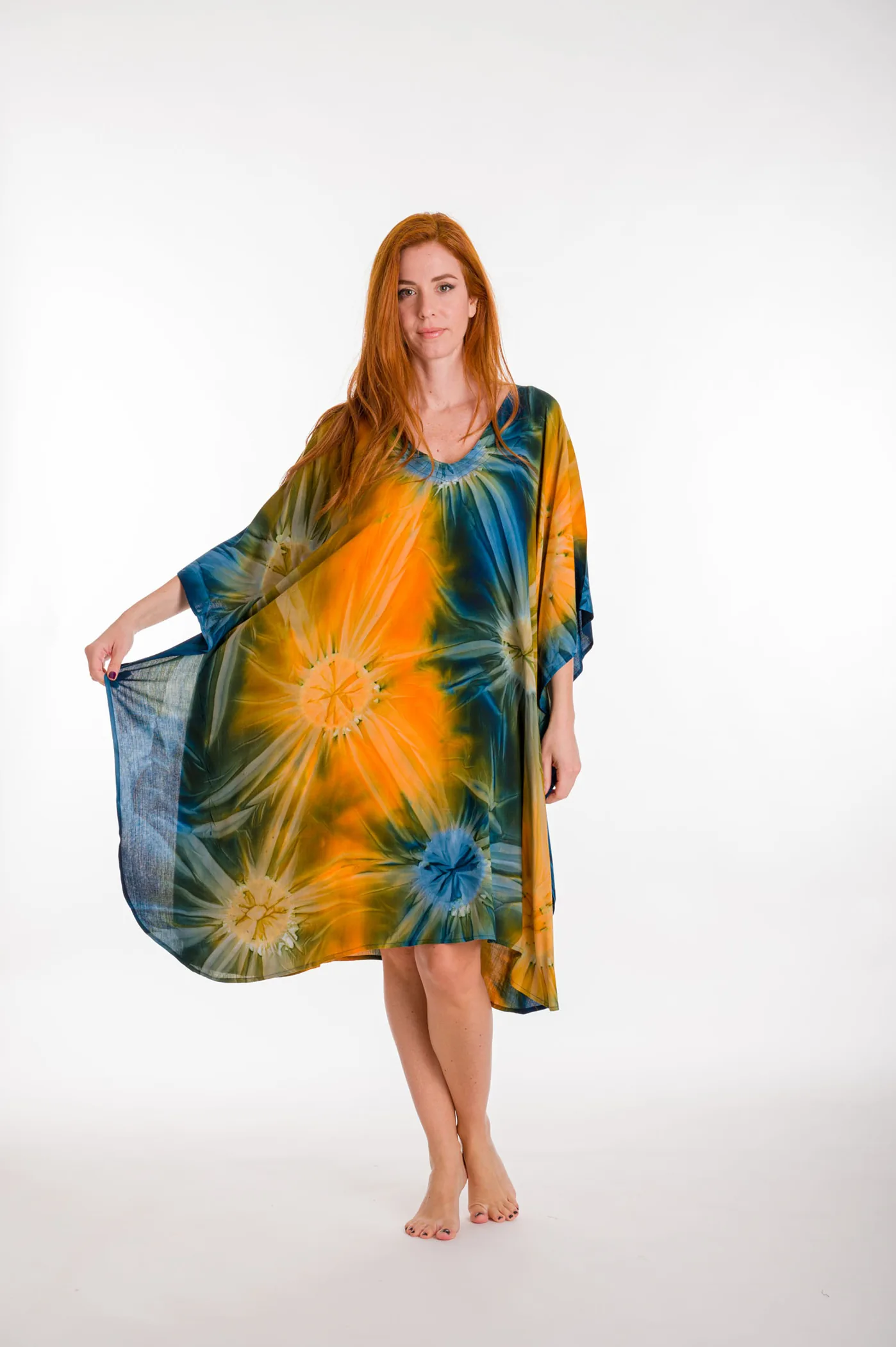 Καφτανι midi βισκοζ tie dye εκρηξη - Πορτοκαλί καφτάνι παραλίας από βισκόζ για καλοκαιρινές resort εμφανίσεις